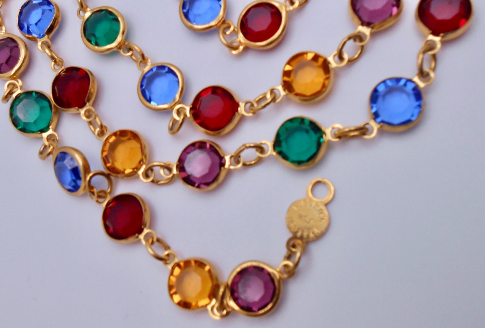 Vintage Austrian Crystal USA Multicolor Crystal Bezel Necklace 35″ Long N37
