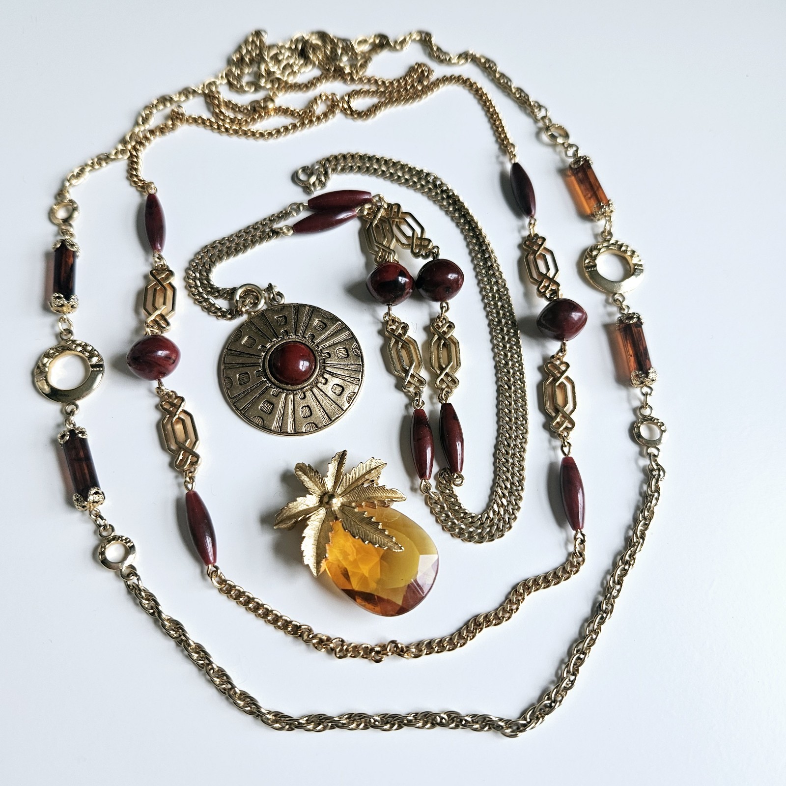 Vntg Coventry 3 Necklaces Safari Faceted Glass Brooch Pendant Brown Gold Chain