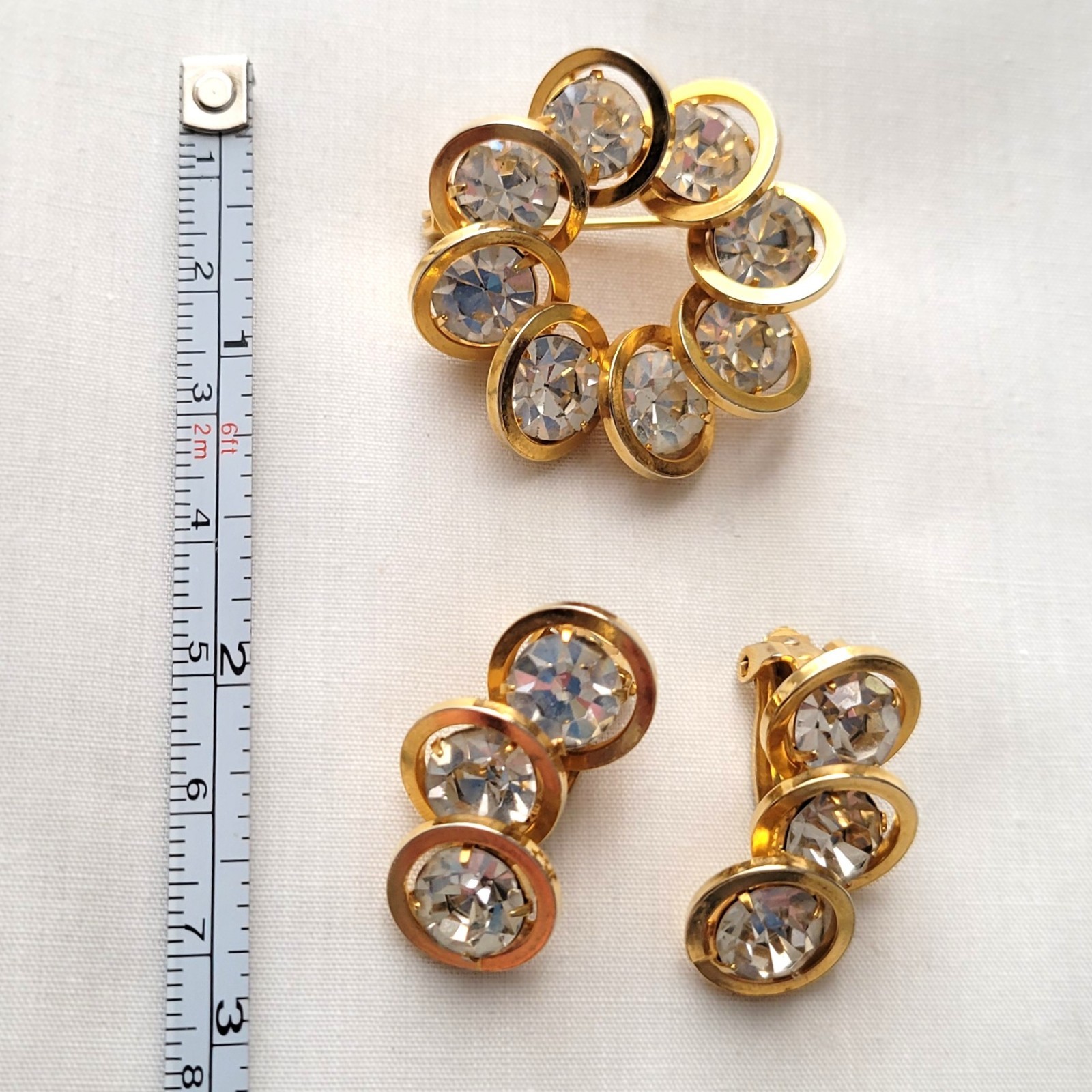 Judy Lee Clear Rhinestone Circle Brooch Pin Earrings Set Vtg Mid Century