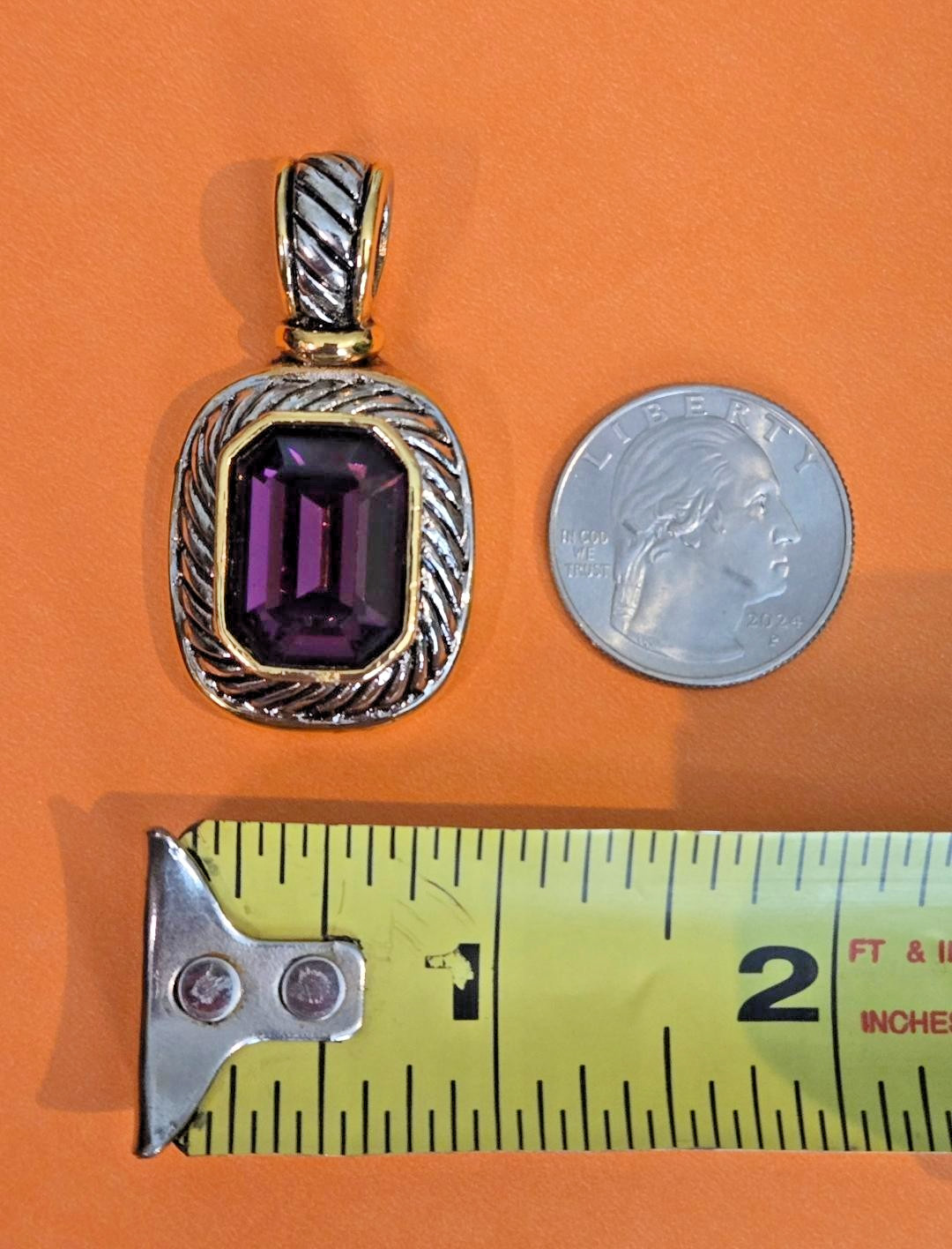 VTG. Silver/Gold-Tone HEAVY Textured Rope Design Amethyst-like Purple Pendant
