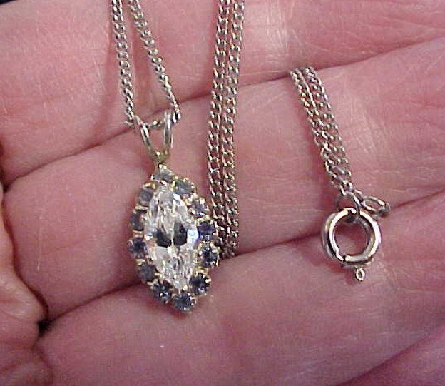 Vintage Silver Tone Marquise CZ & Light Blue Topaz Crystal Pendant Necklace 18″