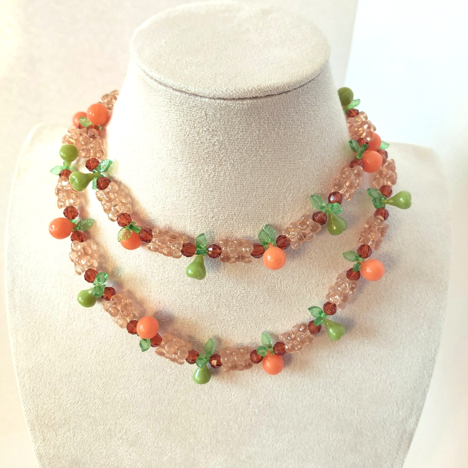 VTG FRUIT SALAD Lucite Glass Crystal Necklace Tutti-Frutti 32″ 1950s estate find