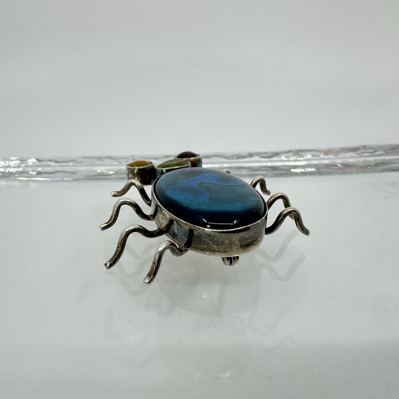 Sterling Silver Multi Stone Paua Abalone Shell Peridot Amber Bug Brooch Pin