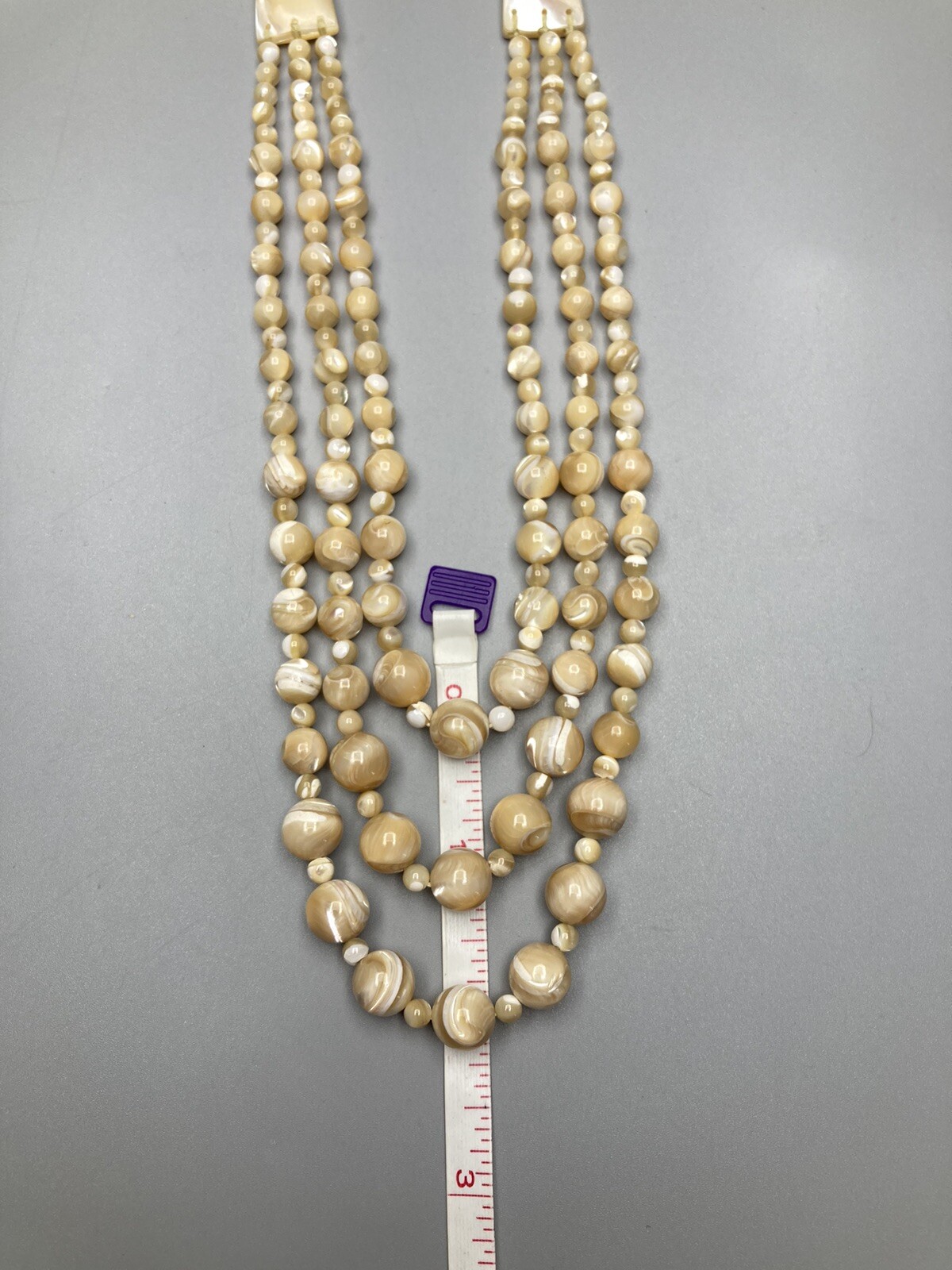 Mother of Pearl Necklace 3 Strand VTG Hand Knotted No Clasp 28.5in 97g 2” Drop