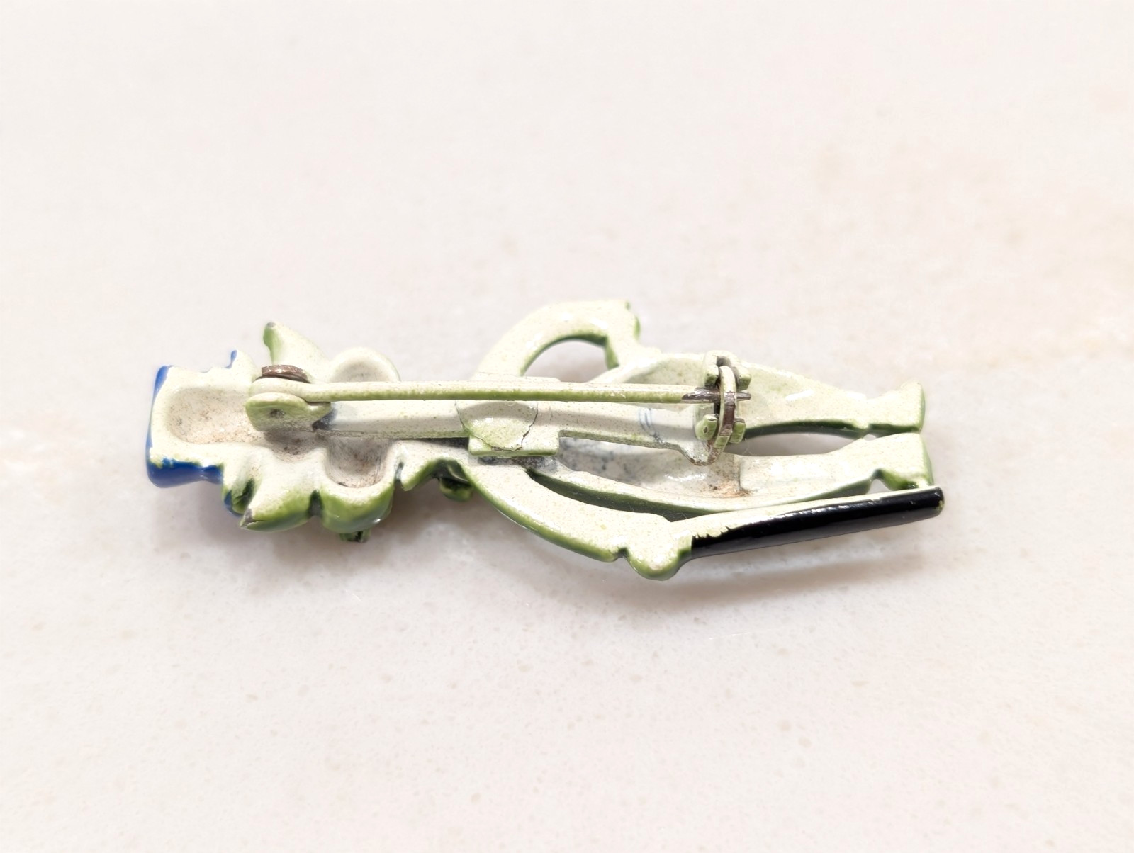 VTG Green Cat w/ Blue Top Hat Red Rhinestone Eyes & Cane Enamel RARE Brooch Pin