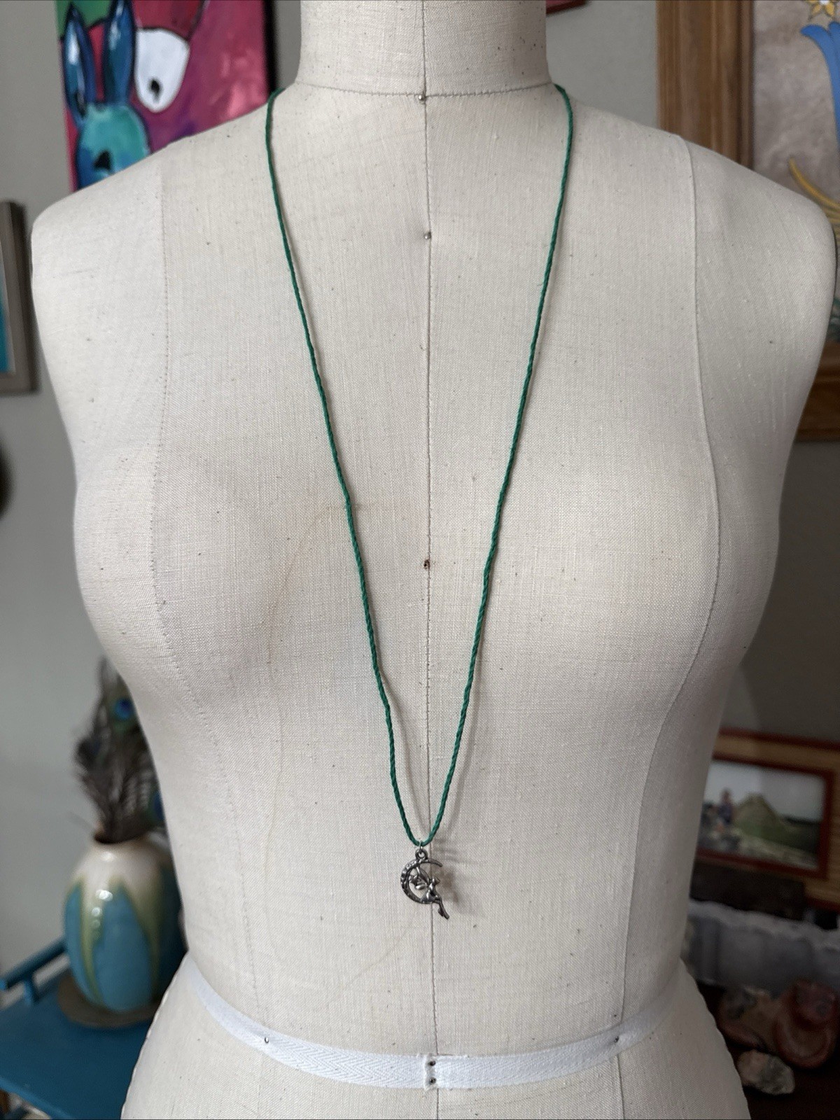 FAIRY CHARM MOON STAR Dainty Necklace Hemp Cord Boho PIXIE Tibetan Silver Tone