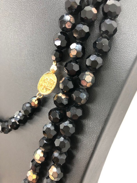 Czech Glass Fire Polished Faceted Jet Black Glass Bead Opera Length Necklace