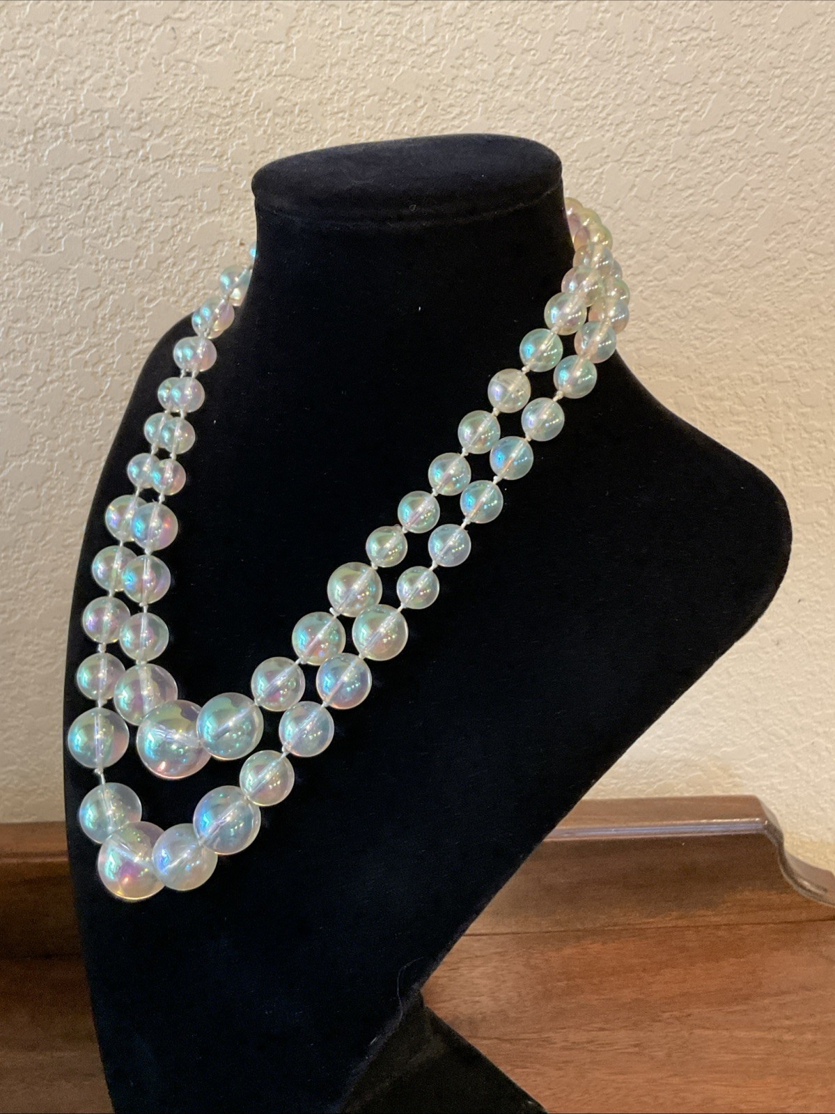 Vintage 18” Clear Iridescent Beaded Necklace Graduated Round Double Strands