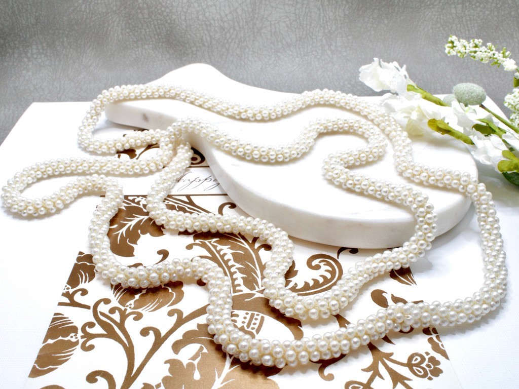 62″ No Clasp Vintage Handmade Crocheted Faux Pearl Necklace Victorian Era Style