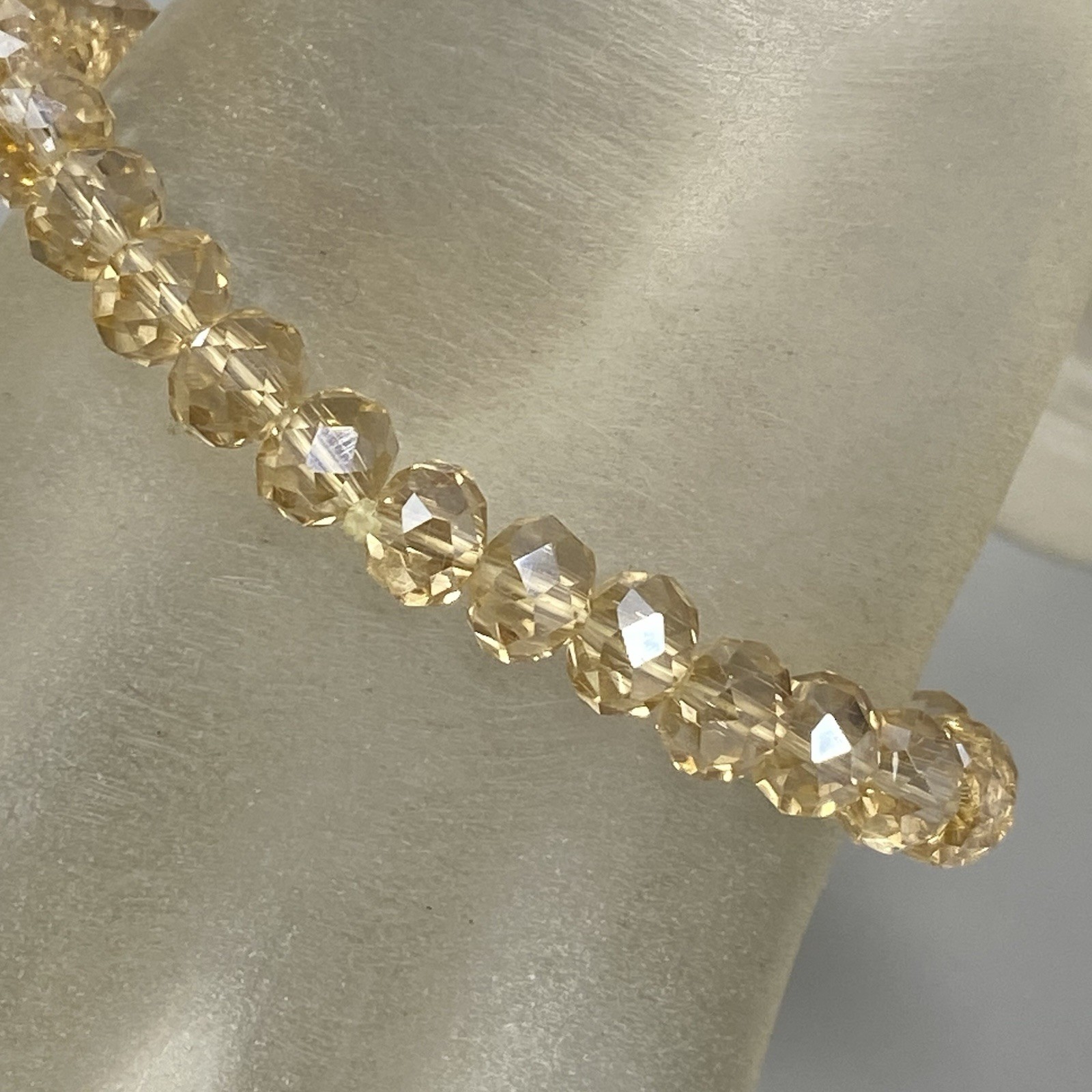 Glass Beaded Bracelet Champagne Faceted Fire Polished Stretch Iridescent 7″