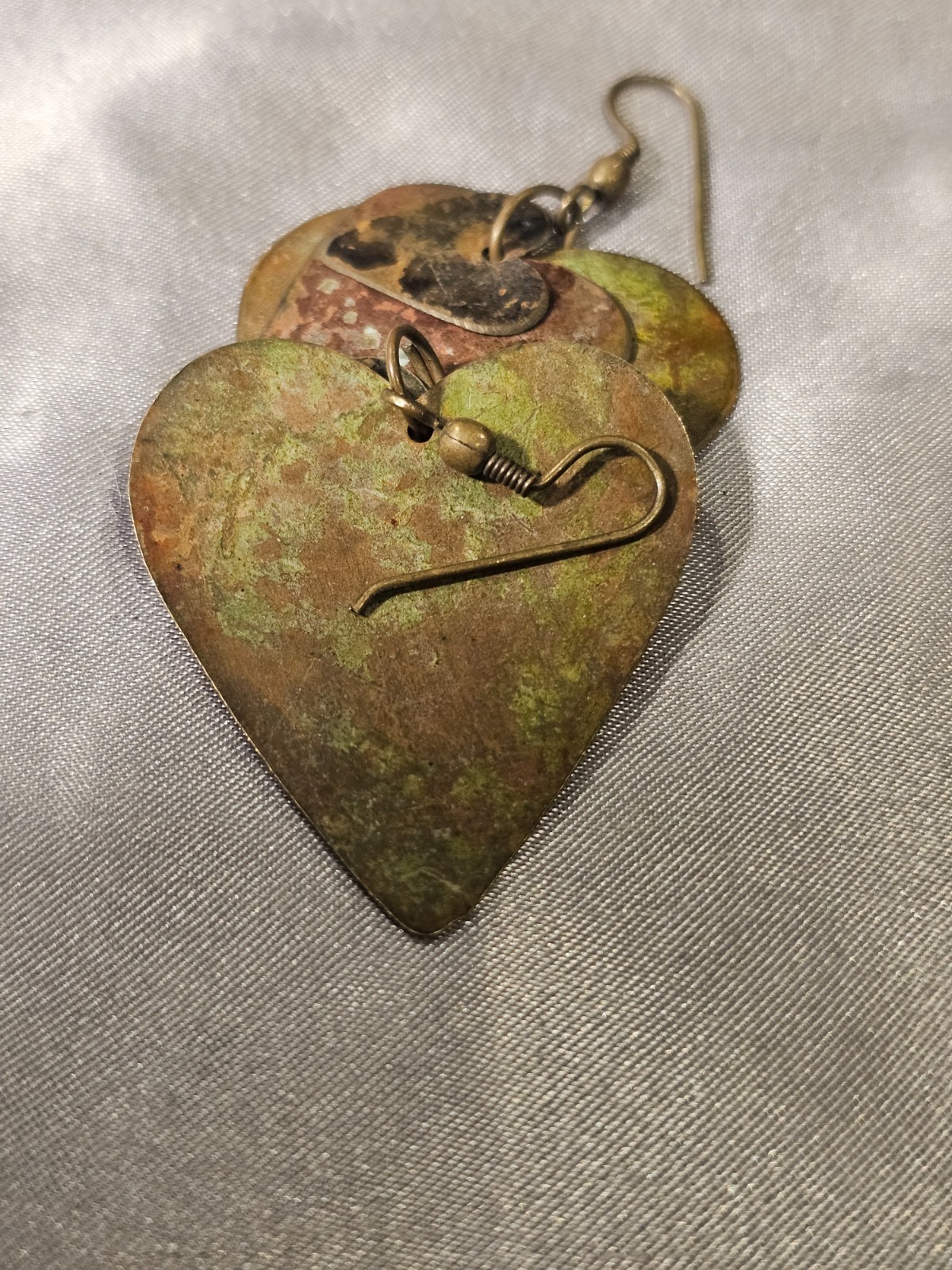 Vintage Patina Heart Earrings Layered Brass Hearts with Rustic Boho Finish