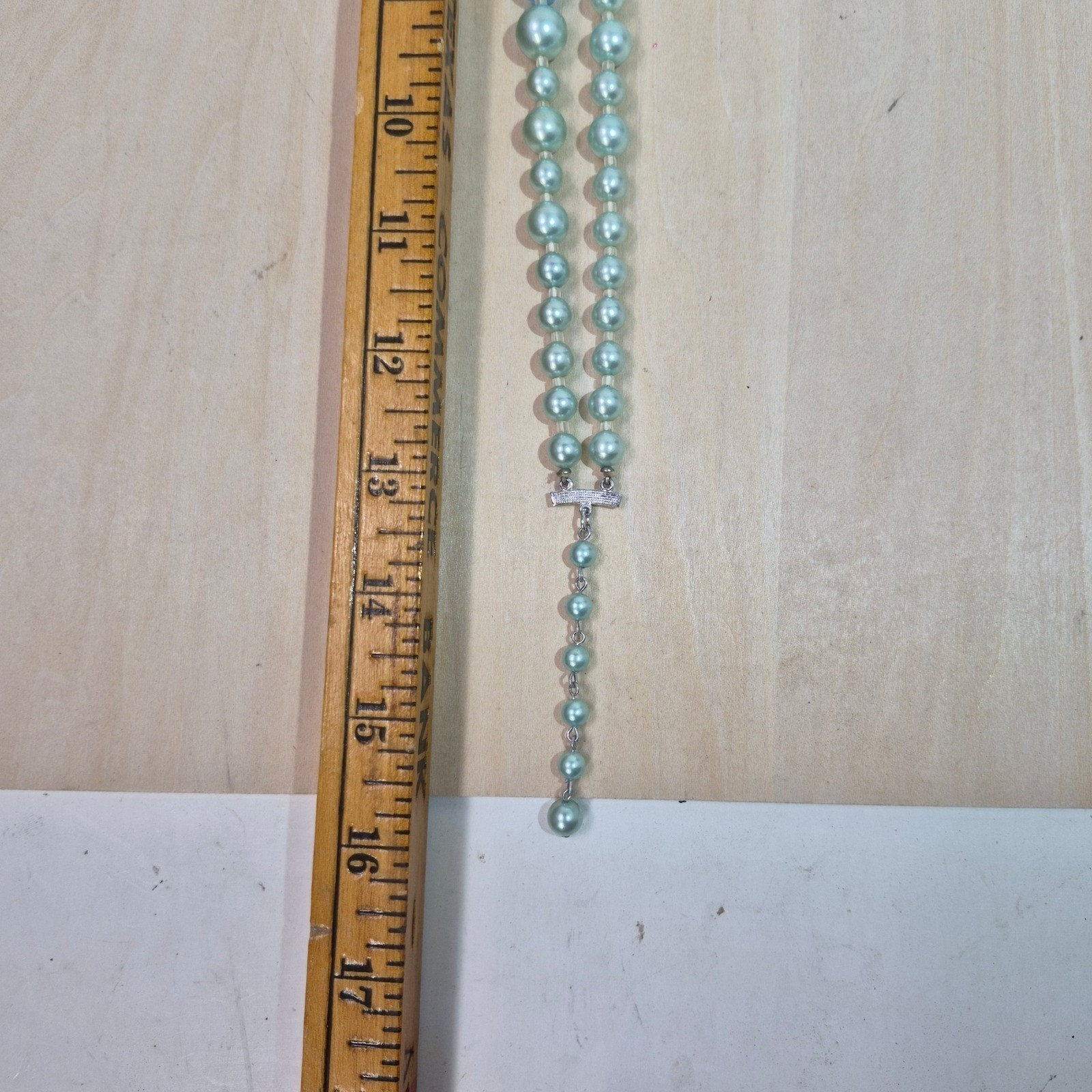 Vintage Seafoam Green Faux Pearl Y-Drop Necklace and Cluster Clip-On Earrings