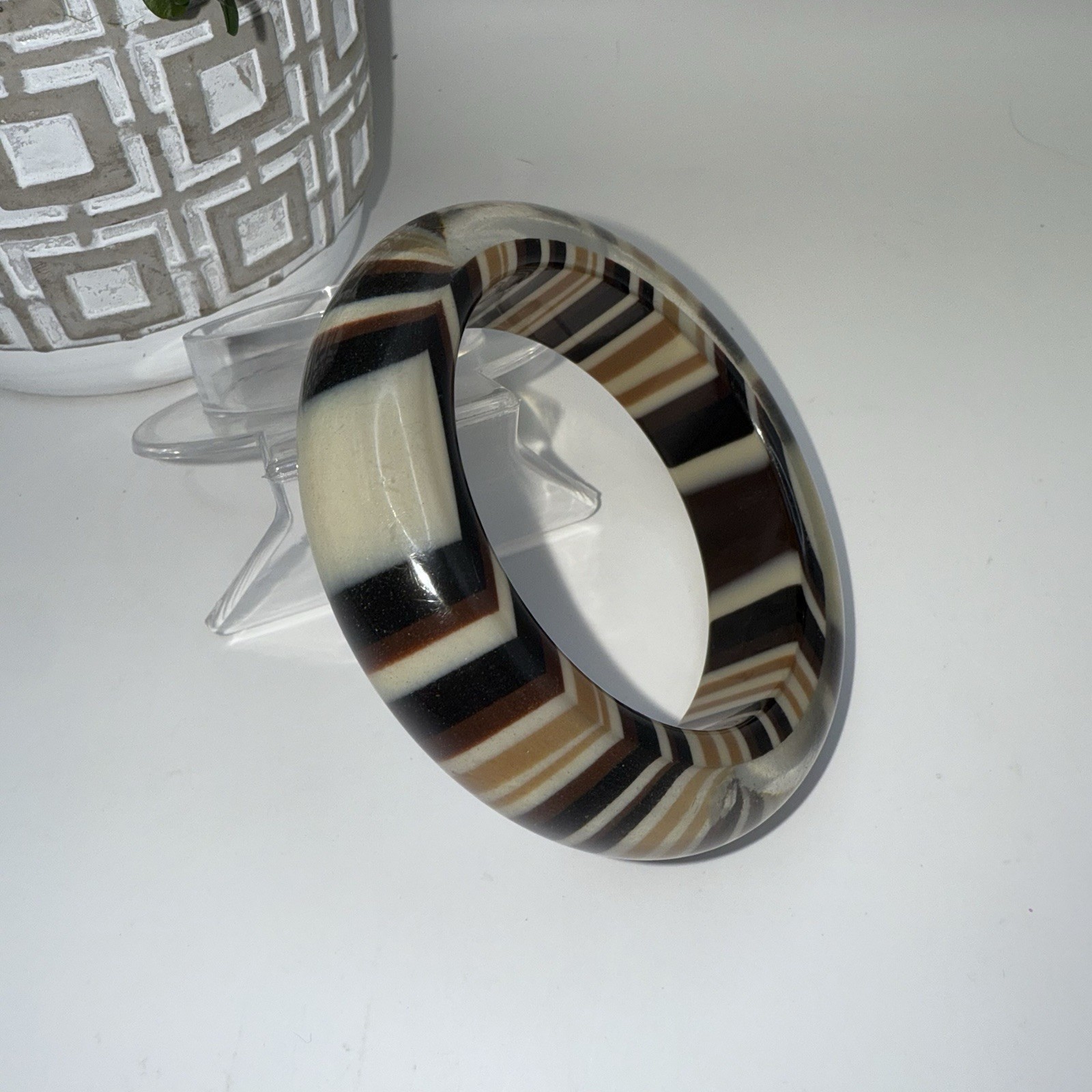 Vintage Wide Lucite Bangle Bracelet Brown Cream Black Striped 1980s Statement