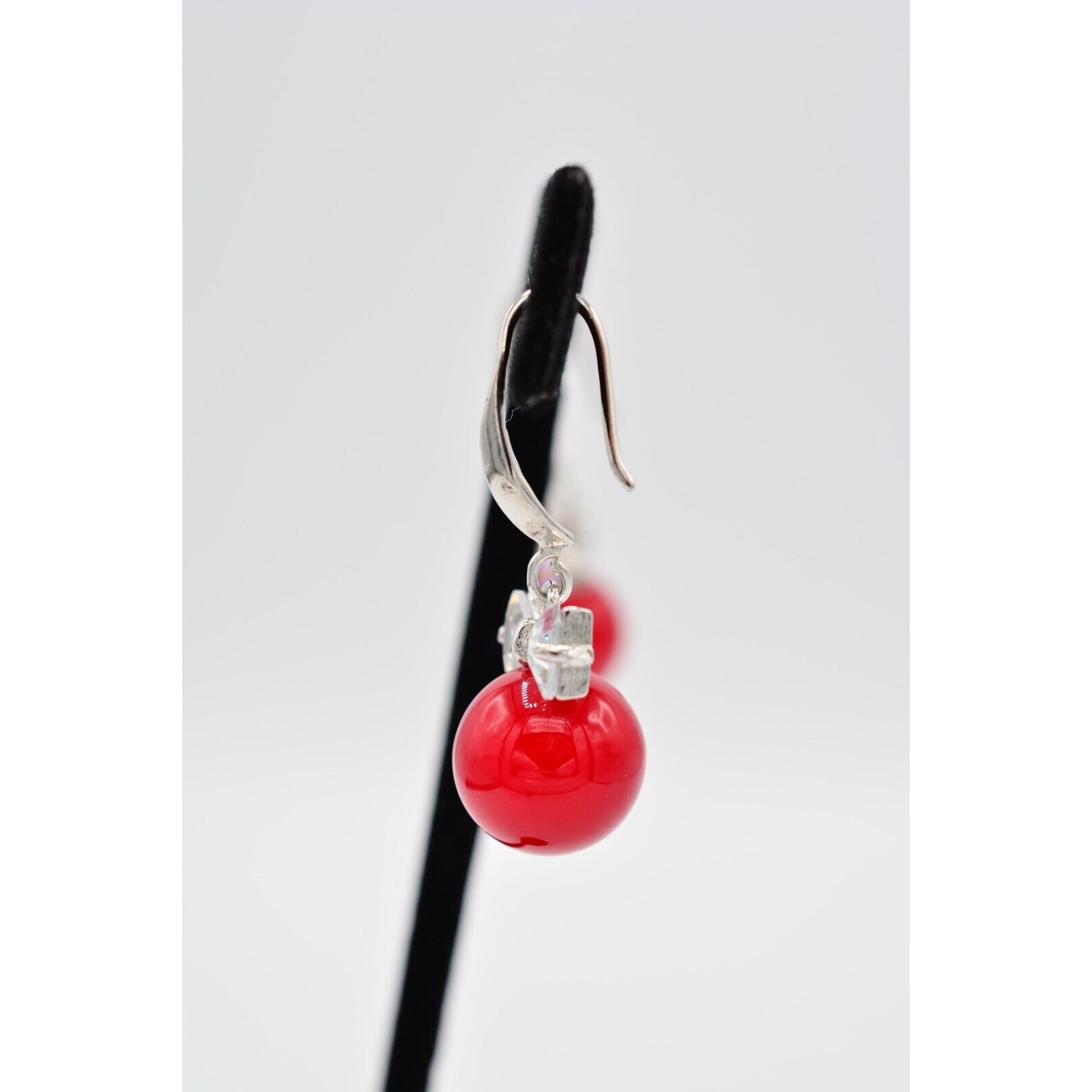 Vintage Dangle Earrings Crystal Bezel Bow Red Ball Drop Round 1990s BinAO
