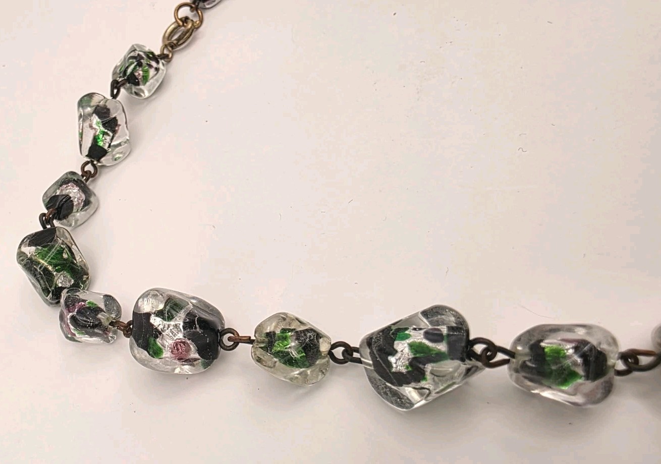 Vintage Peacock Foil Back Encrusted In Venetian Murano Glass Beaded Necklace