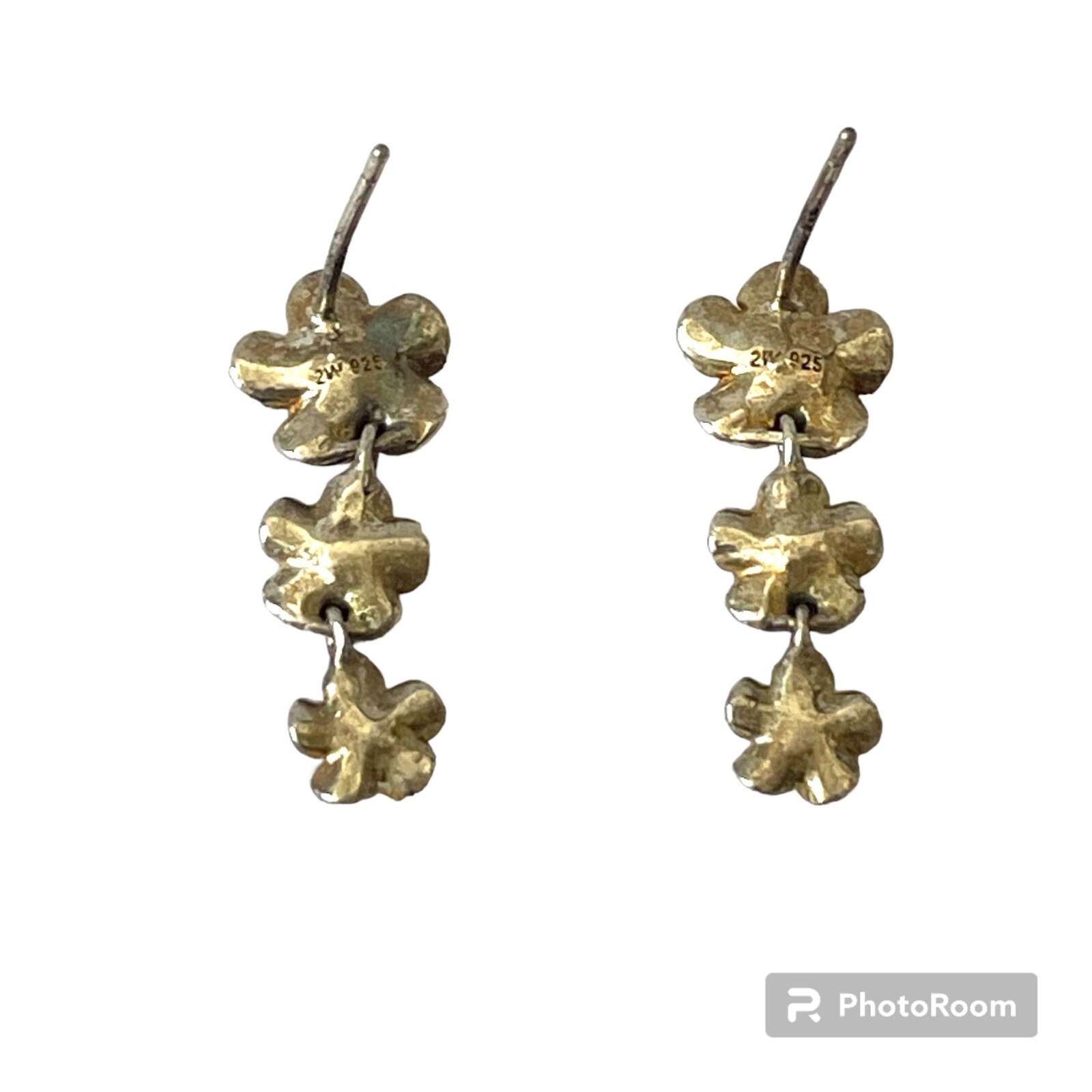 2W 925 Sterling Silver Rhinestone Floral Dangle Earrings Vintage Classic Grandma
