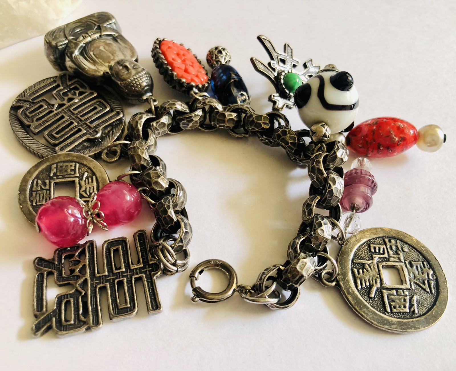 VTG Germany Bracelet, Asian Theme, Murano&plastic, Beautiful Silver Tone, Heavy.