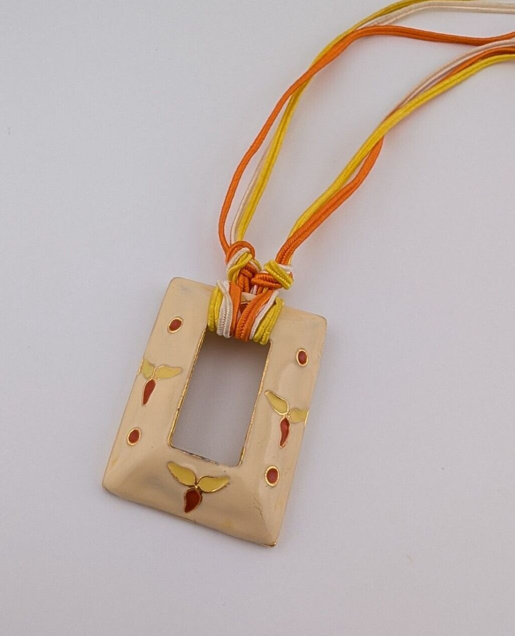 Vintage Gold Tone Fabric String Rectangle Cream Orange Enamel Pendant Necklace