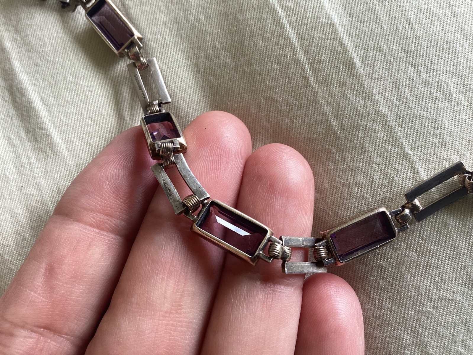 Vintage Sterling Silver 14 K Gold Purple Glass Line Bracelet 7.25”