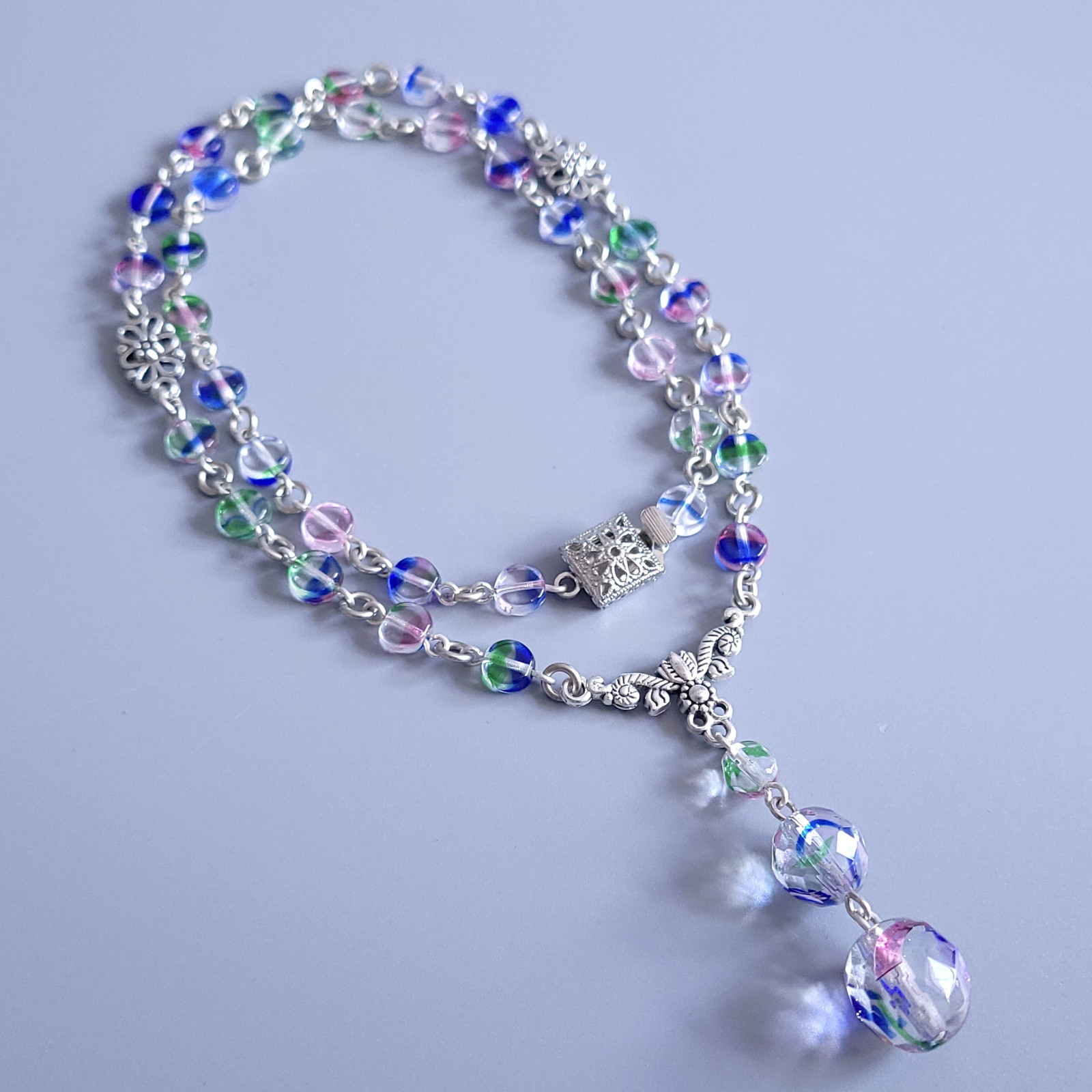 Iris Glass Necklace 19” Multicolor Czech Vintage Beads Women`s Jewelry