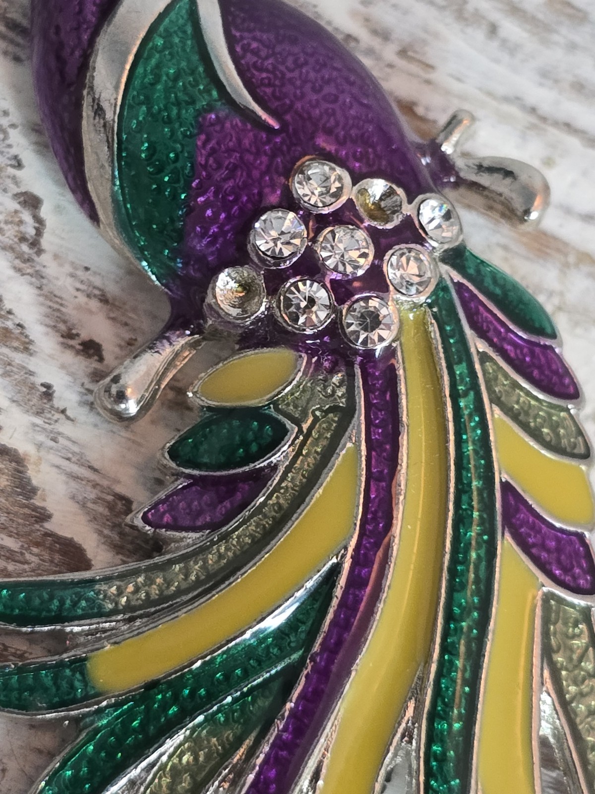 Peacock Bird Animal Brooch Purple Green Yellow Enamel Rhinestone Pin READ #194