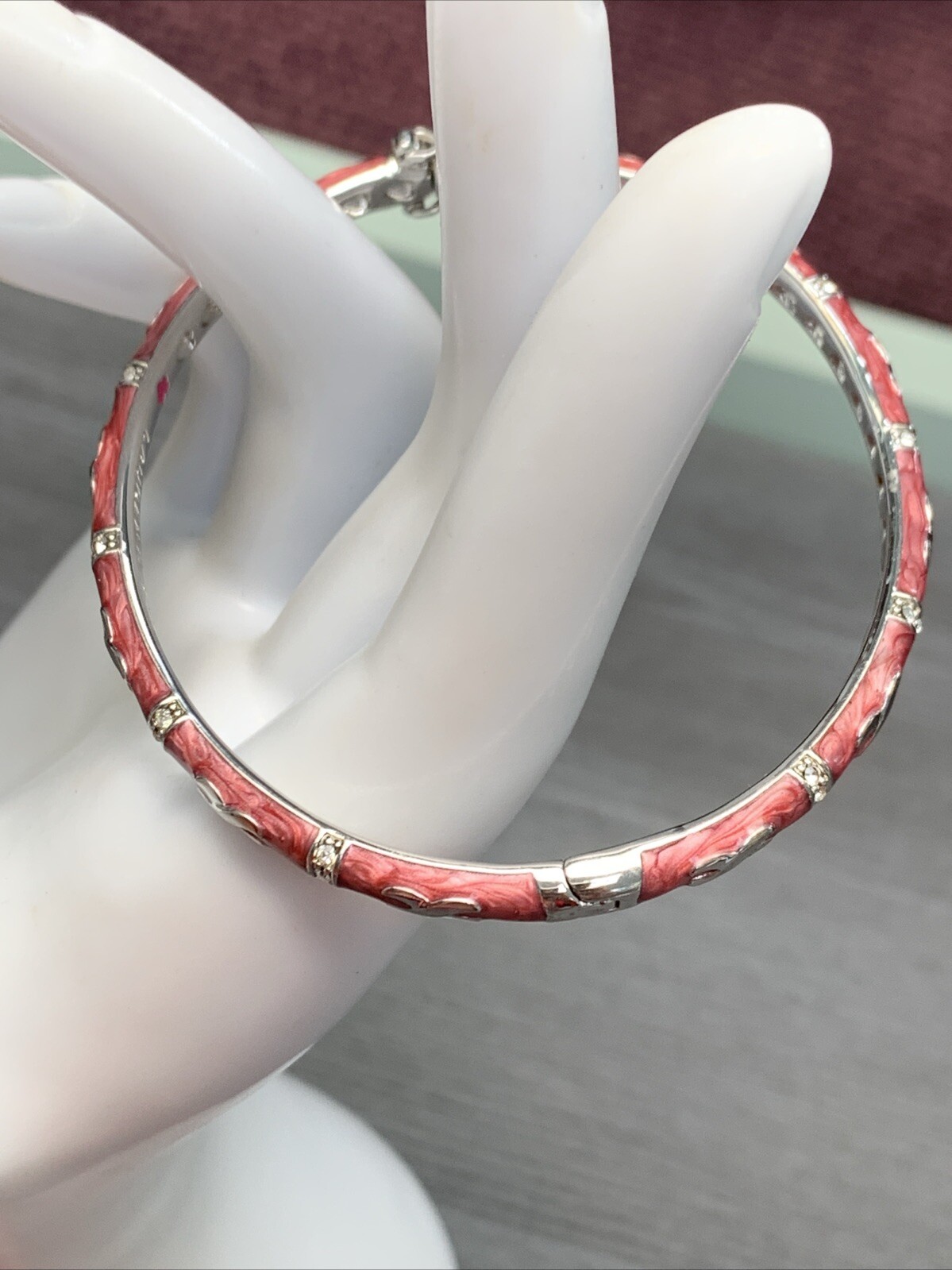 Vintage Bracelet signed, Laura Adams, pink enamel micro crystal hinged bangle