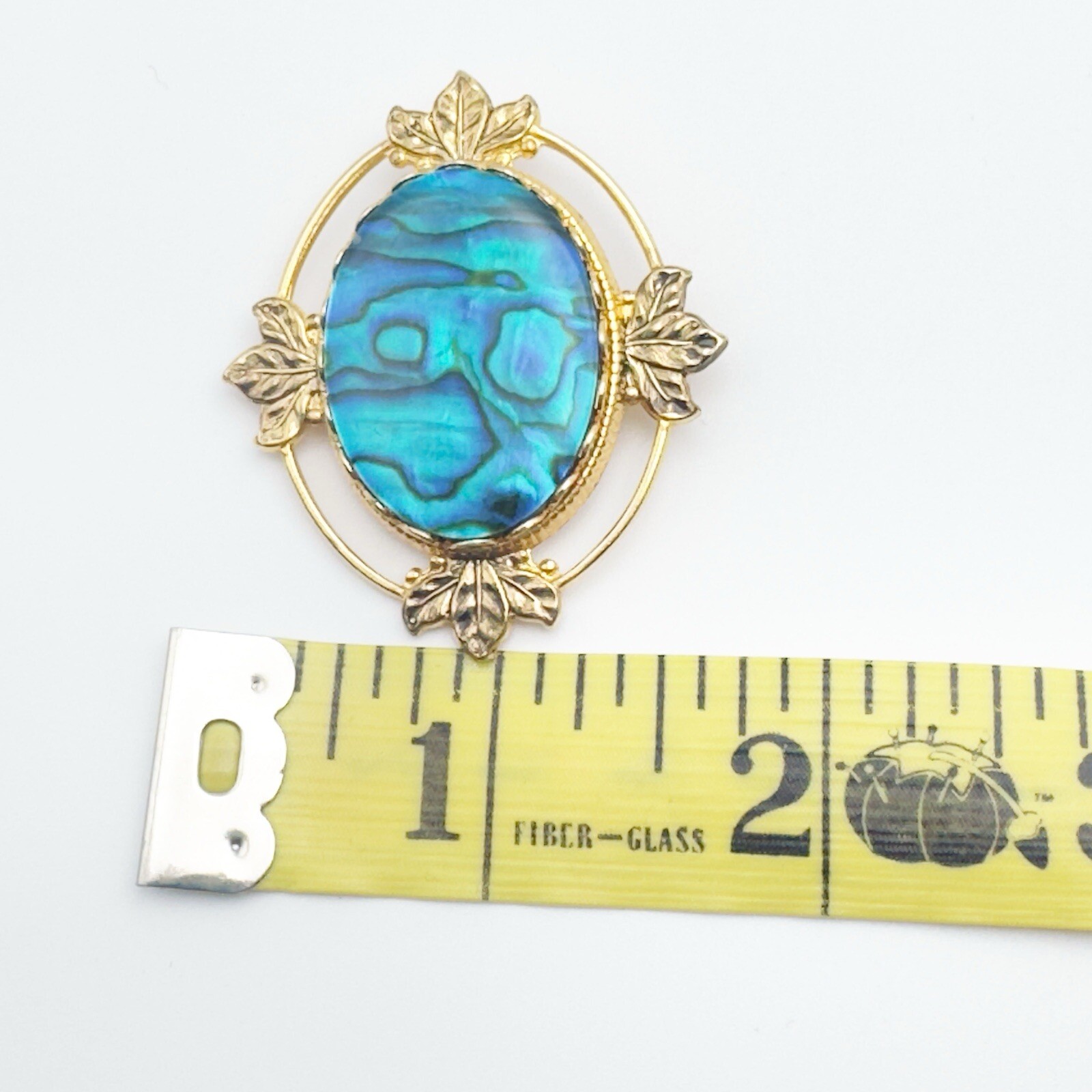 Vintage Abalone Paua Shell Brooch Gold Tone Blue Green 1970s Retro Iridescent 2″