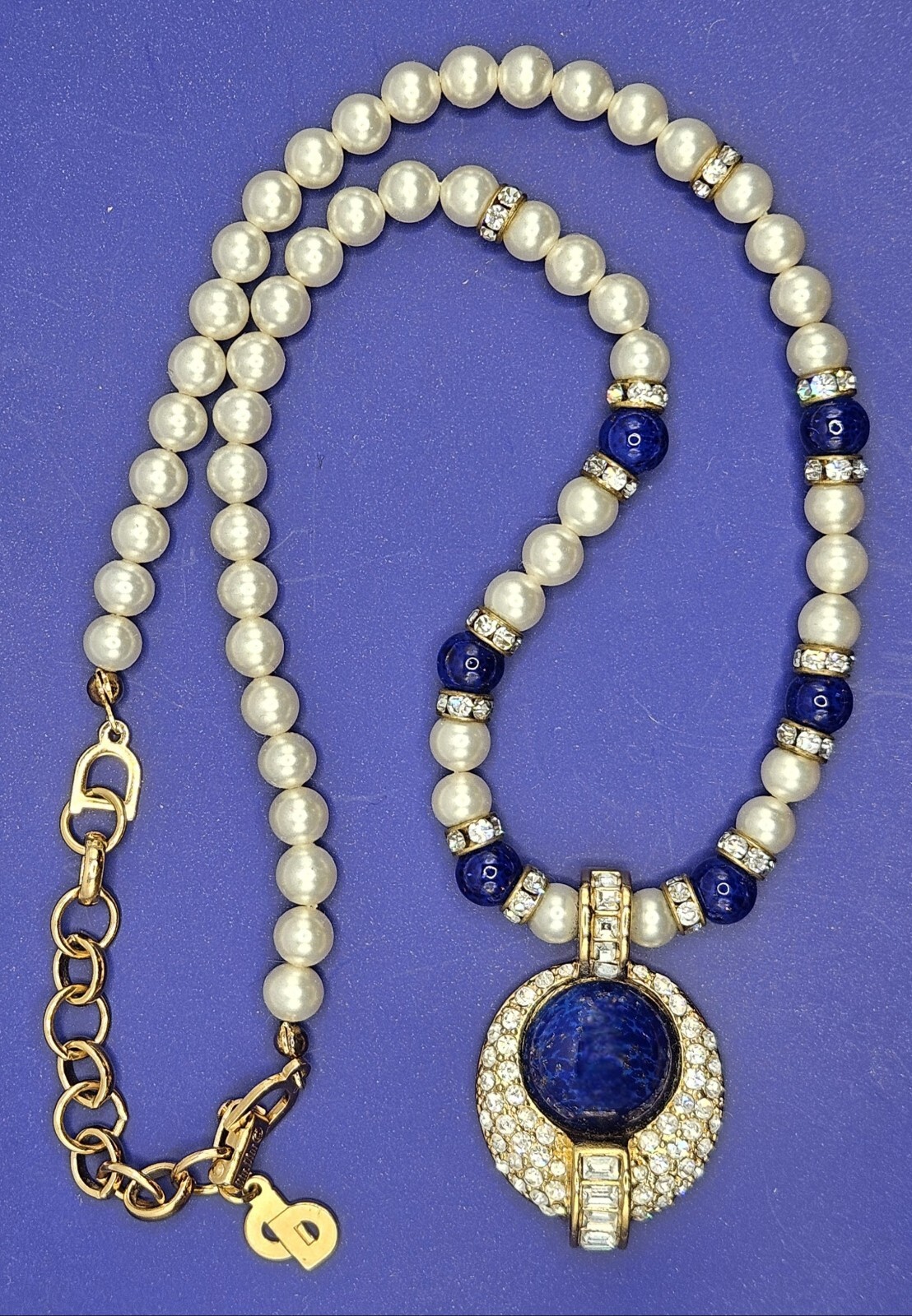 CHRISTIAN DIOR RARE VINTAGE 1980s Necklace Earrings Gold Lapis Blue White EUC!!!