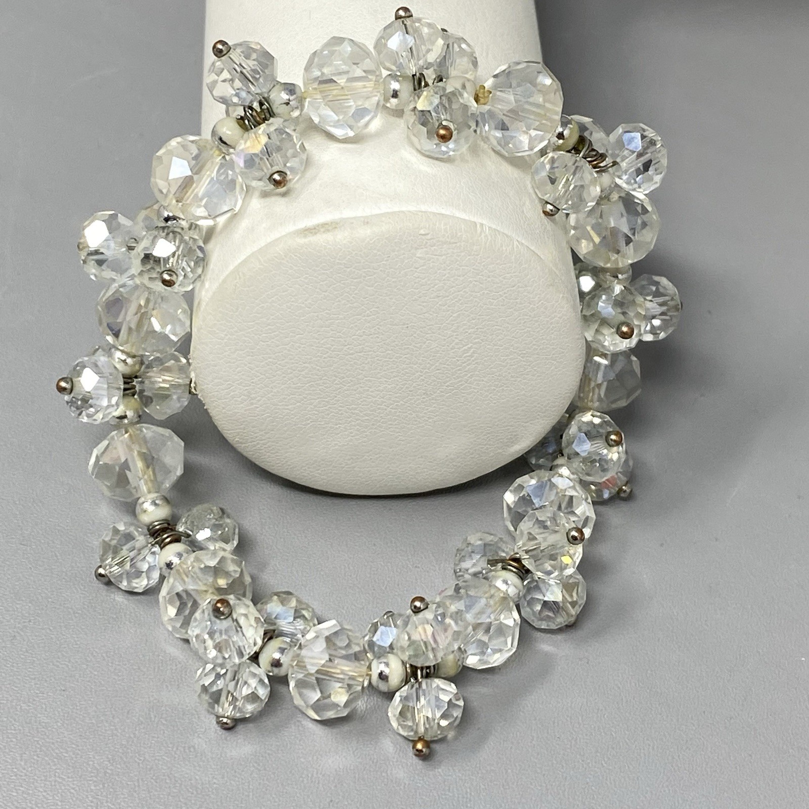 VTG Clear Glass Bead Cluster Bracelet Stretch Fire Polished AB Coated Retro 6.75
