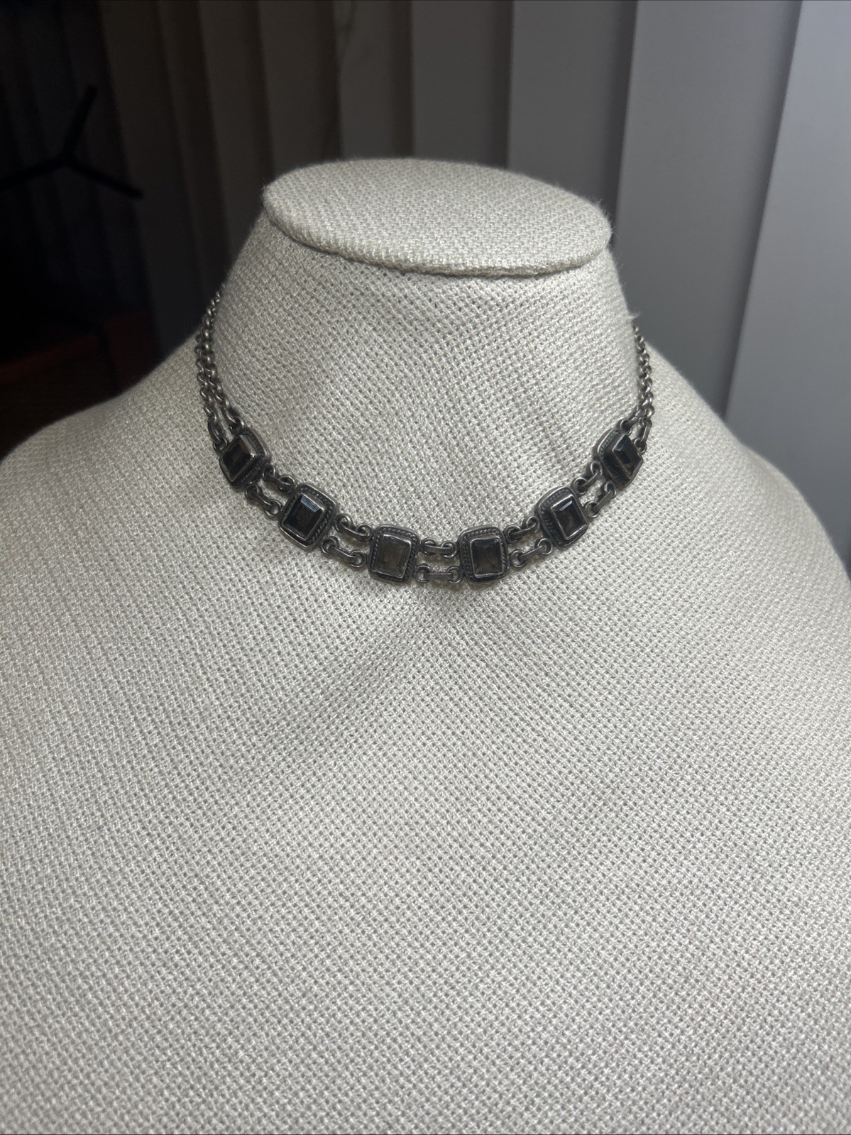 46. 925 Sterling Smoky Quartz Linked Double Strand Rolo Necklace 15 1/2″, 37.1g