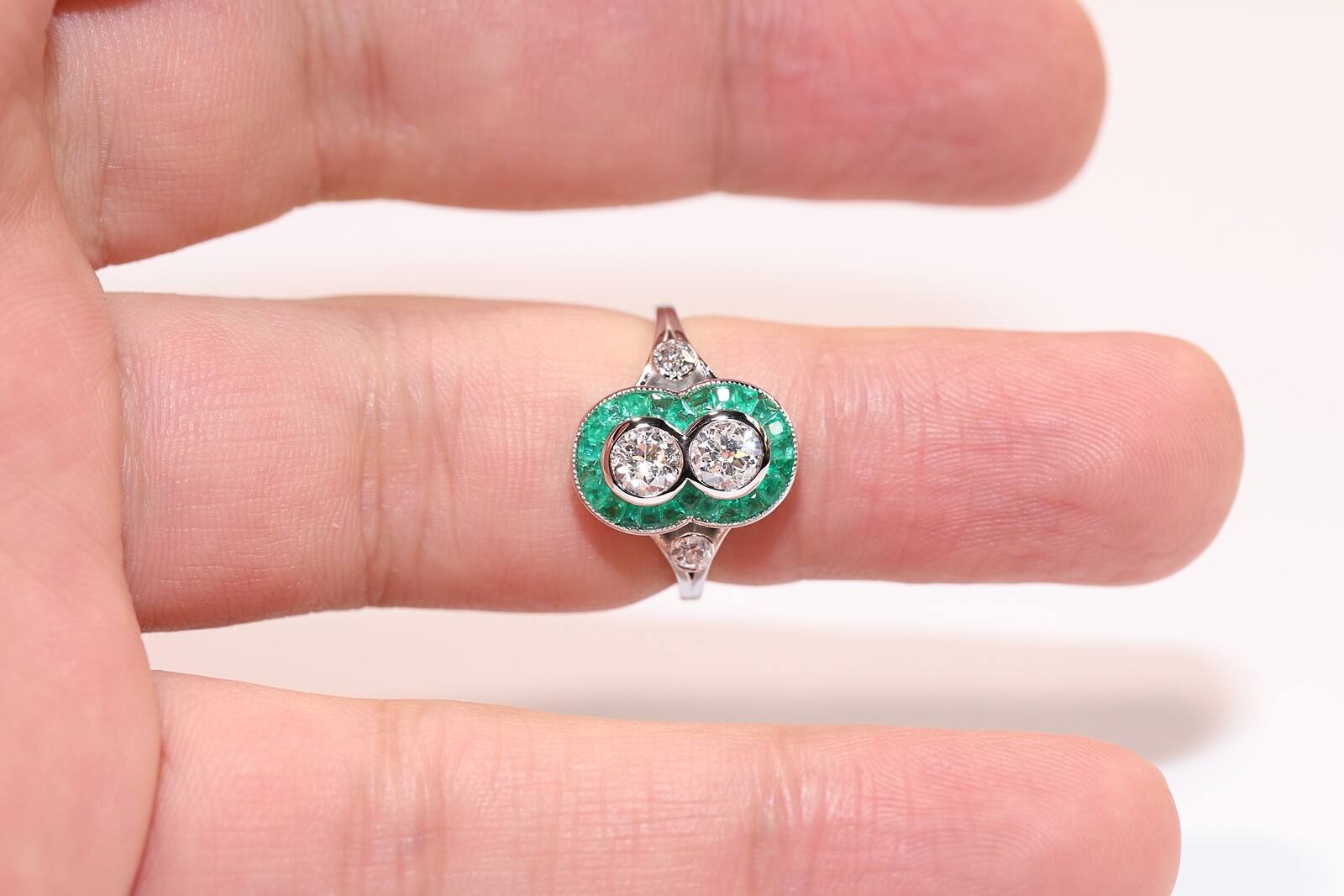 New Made 18k Gold Natural Old Cut Diamond And Caliber Cut Emerald Ring