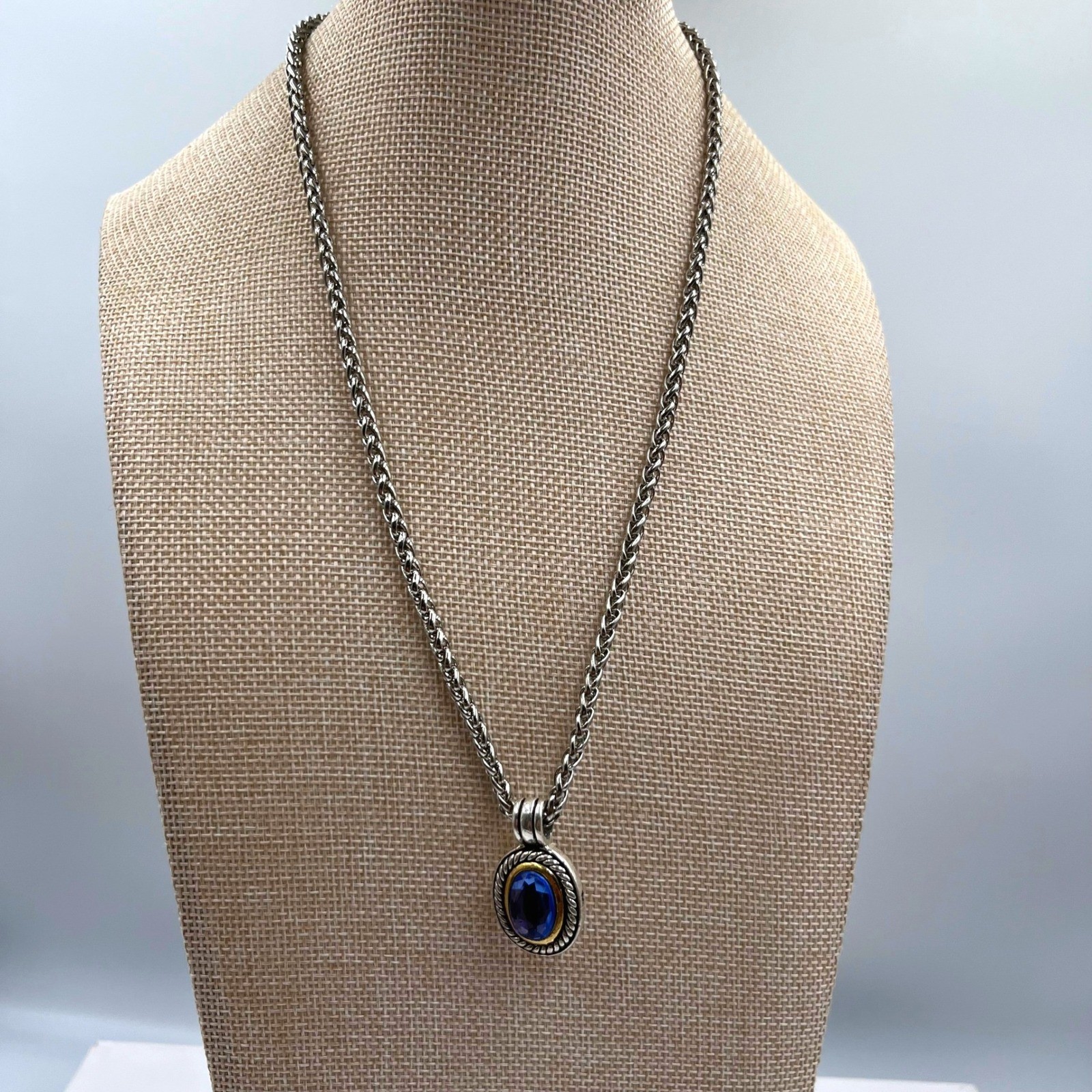 Vintage Silver Tone Wheat Chain Necklace Blue Glass Pendant Two-Tone Rope Accent