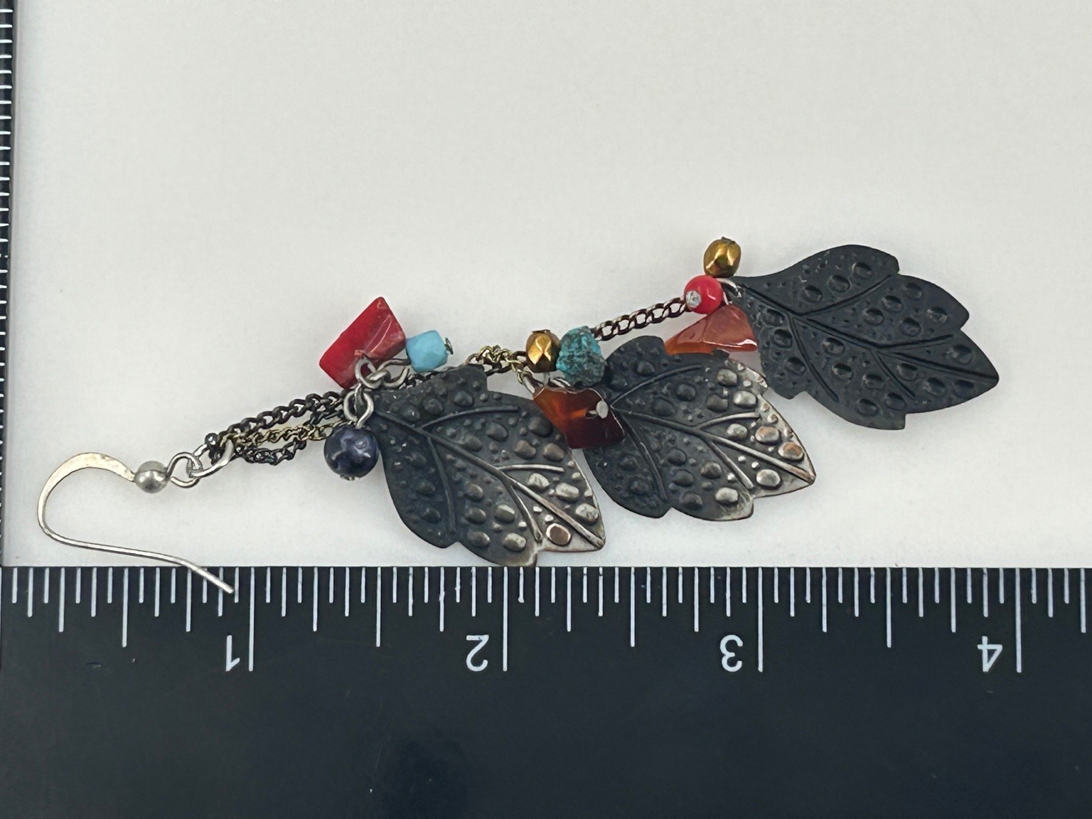 Oxidized Silver Tone Dangle Drop Earrings 3.5″ Leaf Charms Multi-Color Beads