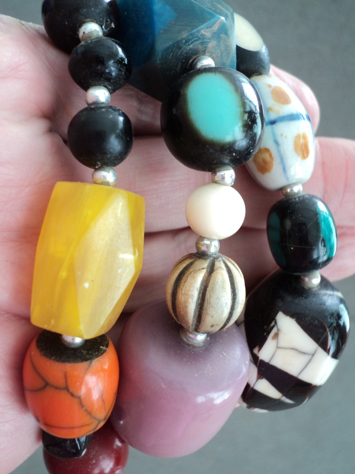 1980s Big BEAD NECKLACE Assorted Shapes COLORS Materials 26″ – HORN Wood ACRYLIC