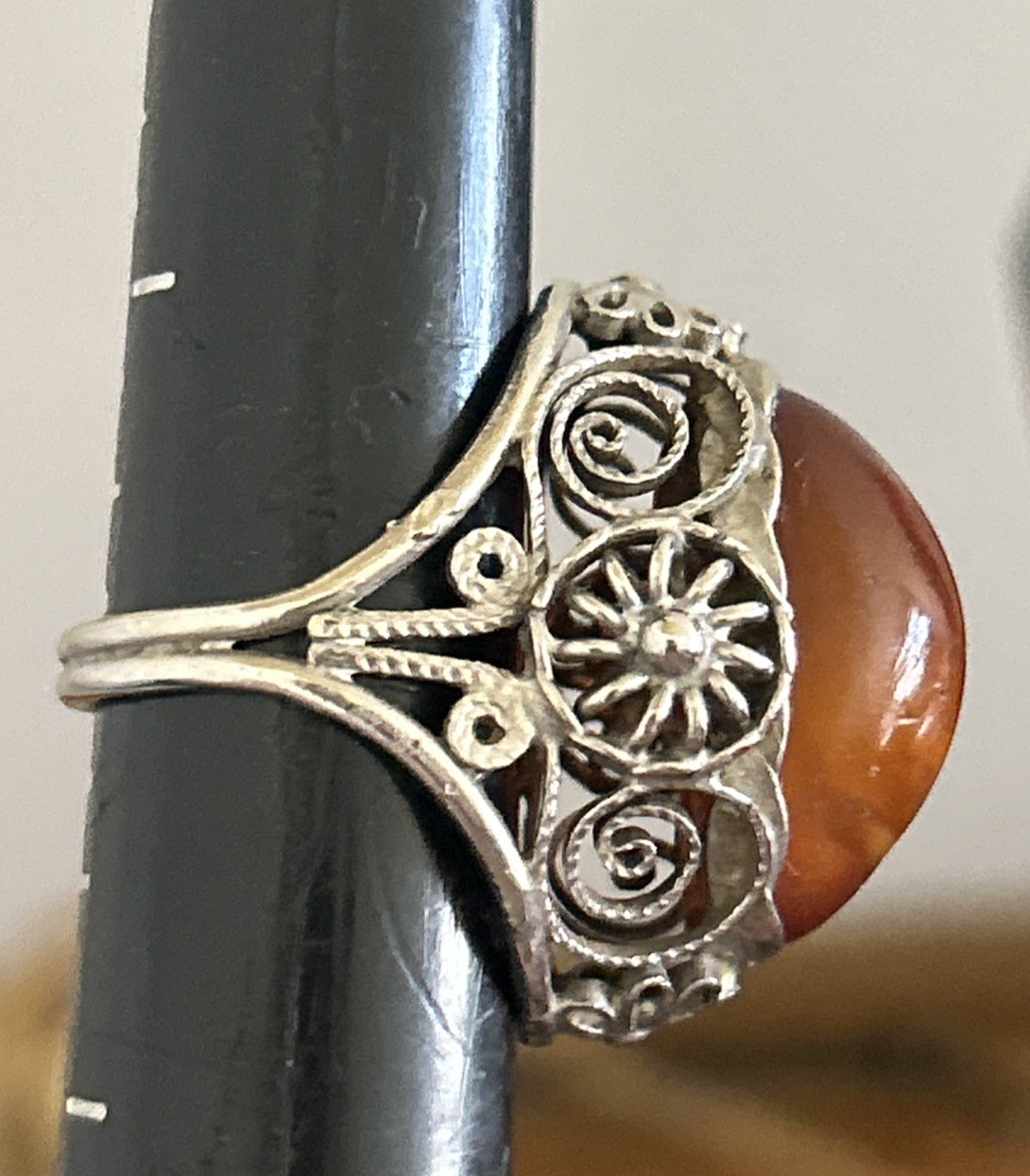 Antique silver plated brass amber ring size 7