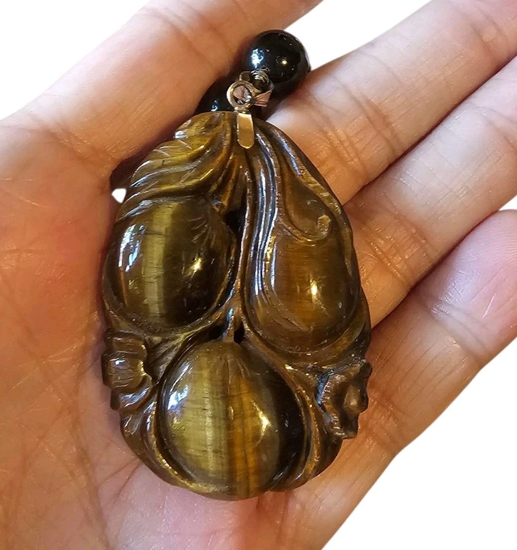 14k Gold Tigers Eye Carved Peach Floral 2″ Pendant 26″ NECKLACE 96 GR