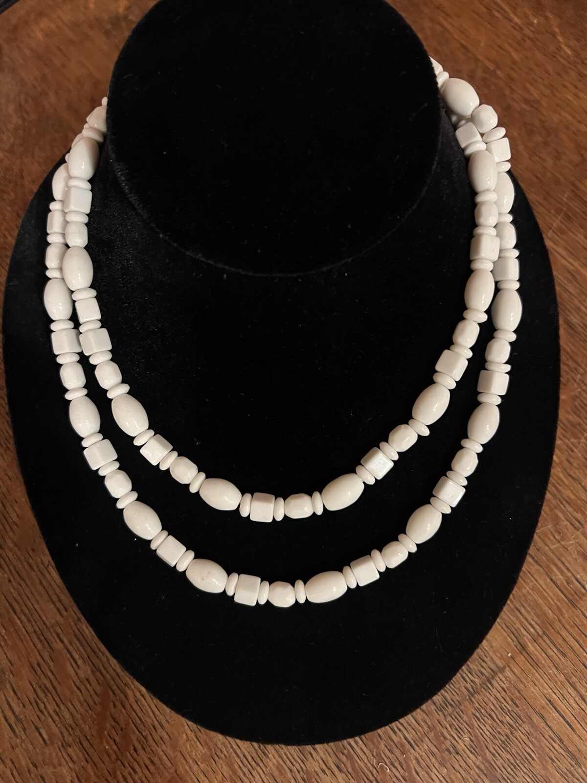 Vintage White Milk Glass Long Necklace Square Oblong Faceted Lozenge Beads 32”