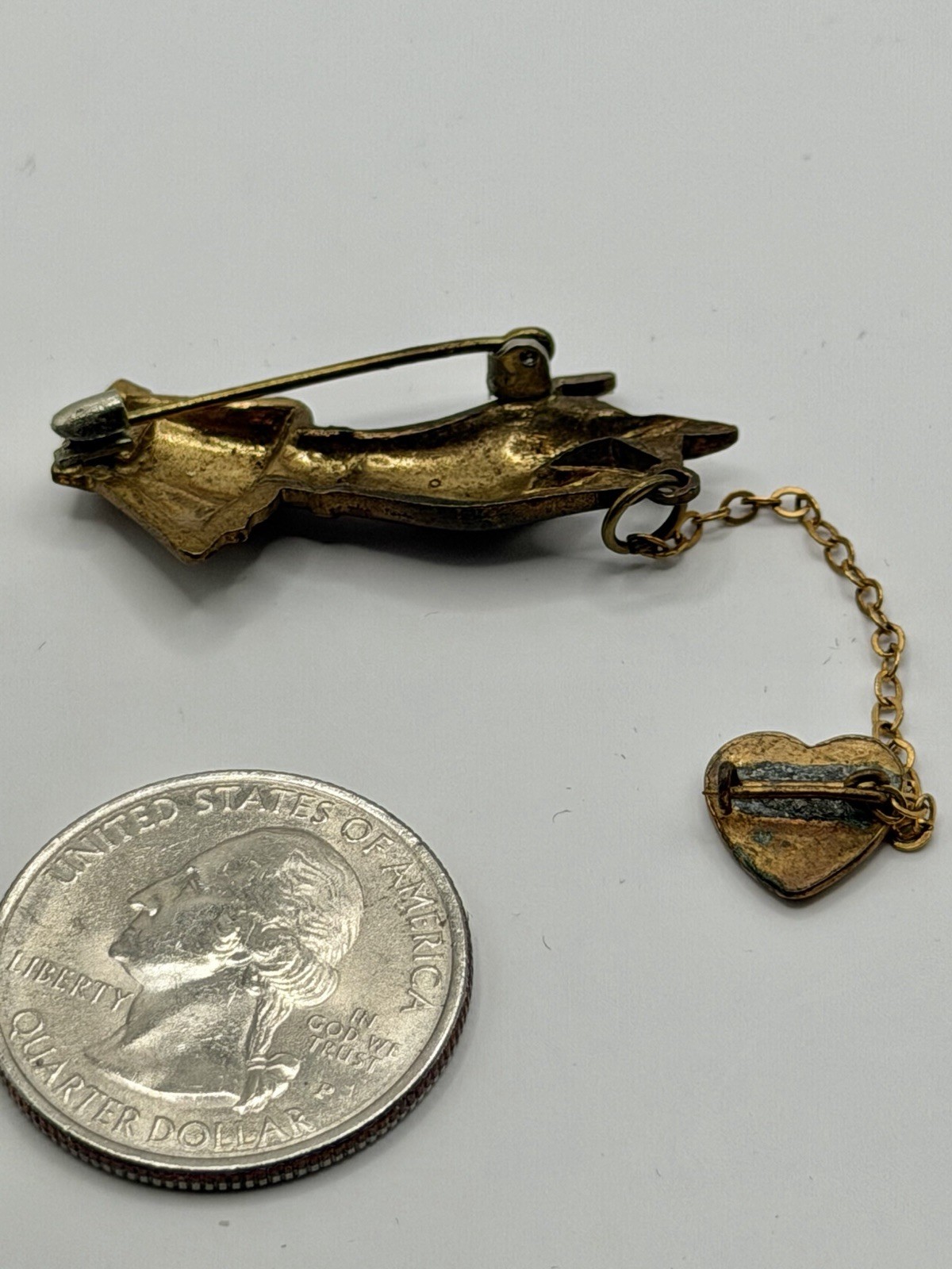 Antique Victorian Brass Hand Holding a Dangling Engraved Mini Heart Pin Brooch