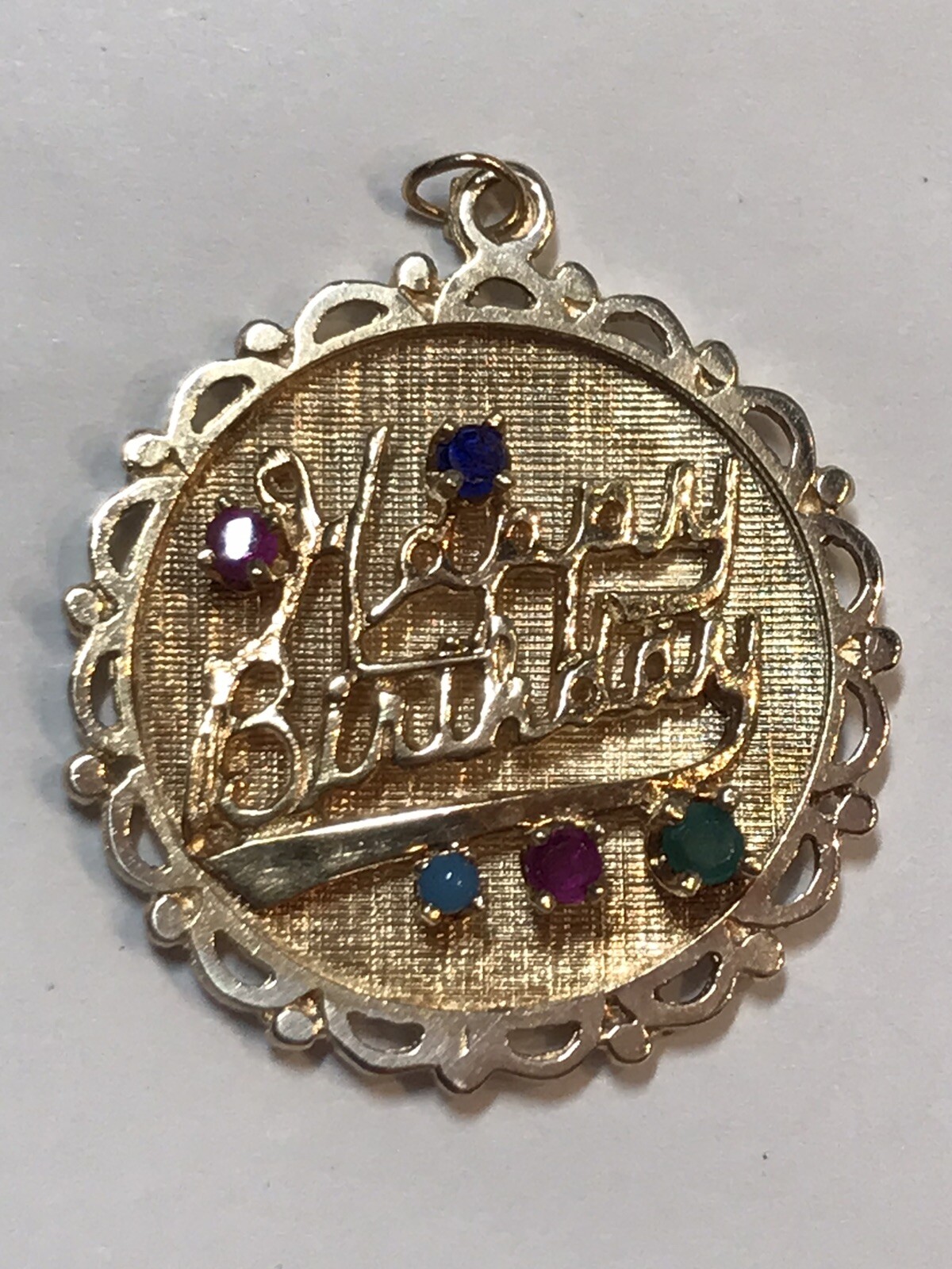 VINTAGE 14K Yellow Gold Heavy “Happy Birthday” Multi Gem Charm 5.3 Grams, 27mm