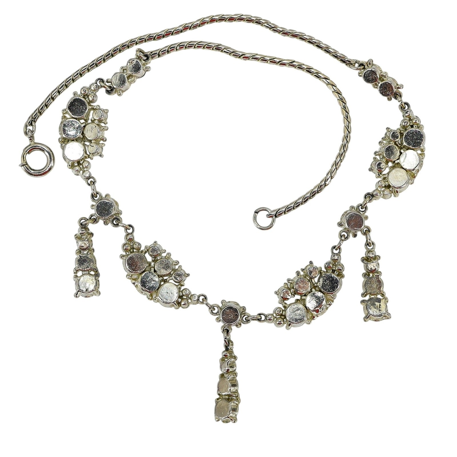 Vintage Edwardian Revival Rhinestone Festoon Necklace Dangle Garland Silver Tone