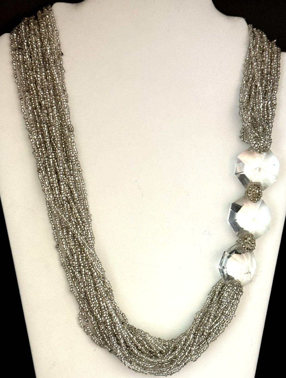 Vintage 25 Strand Silver Tone Clear Seed Bead & Faceted Crystal Necklace