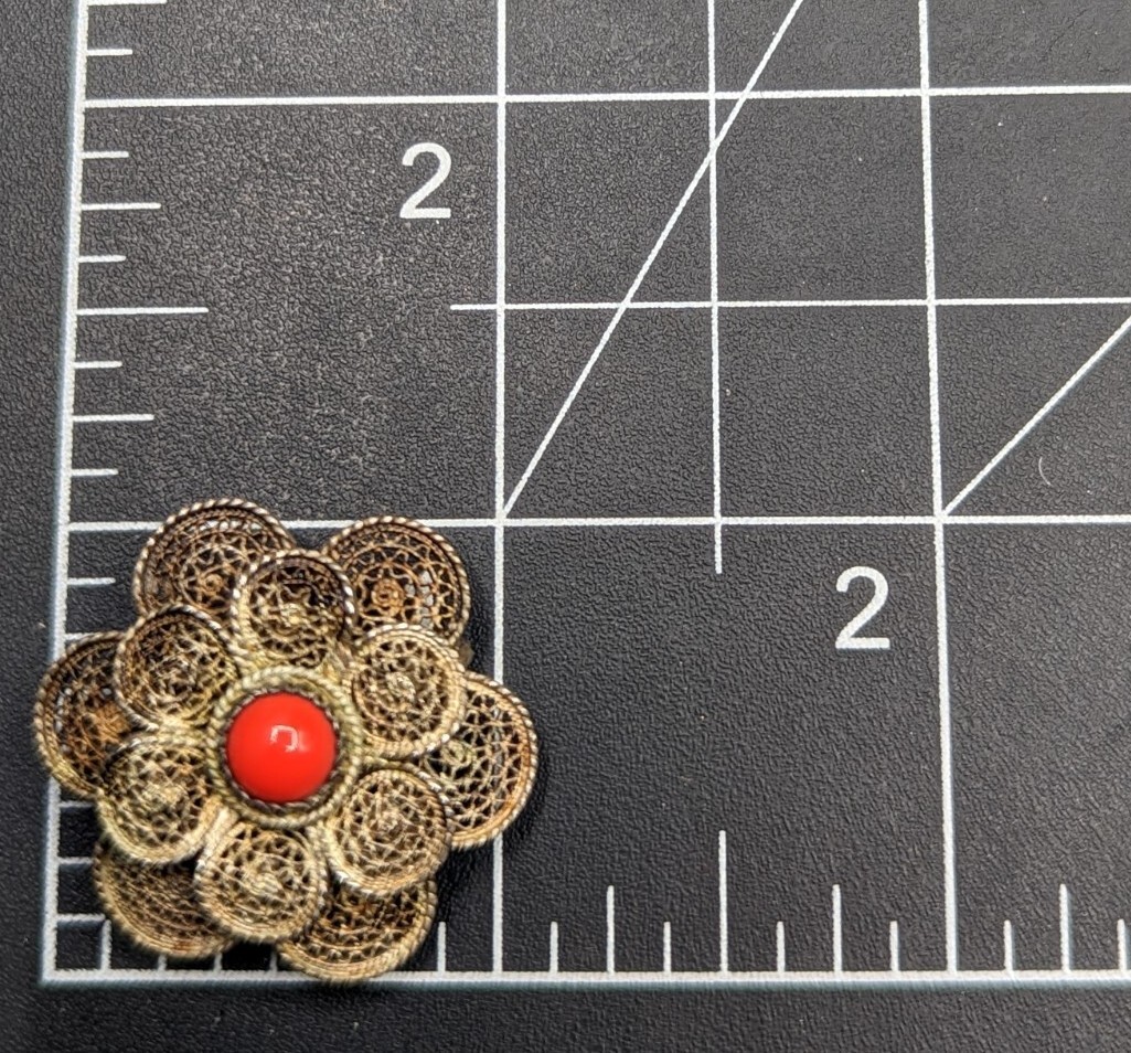 Vtg Sterling Silver Cannetille Filigree Flower Red Brooch Pin Pendant C-Clasp