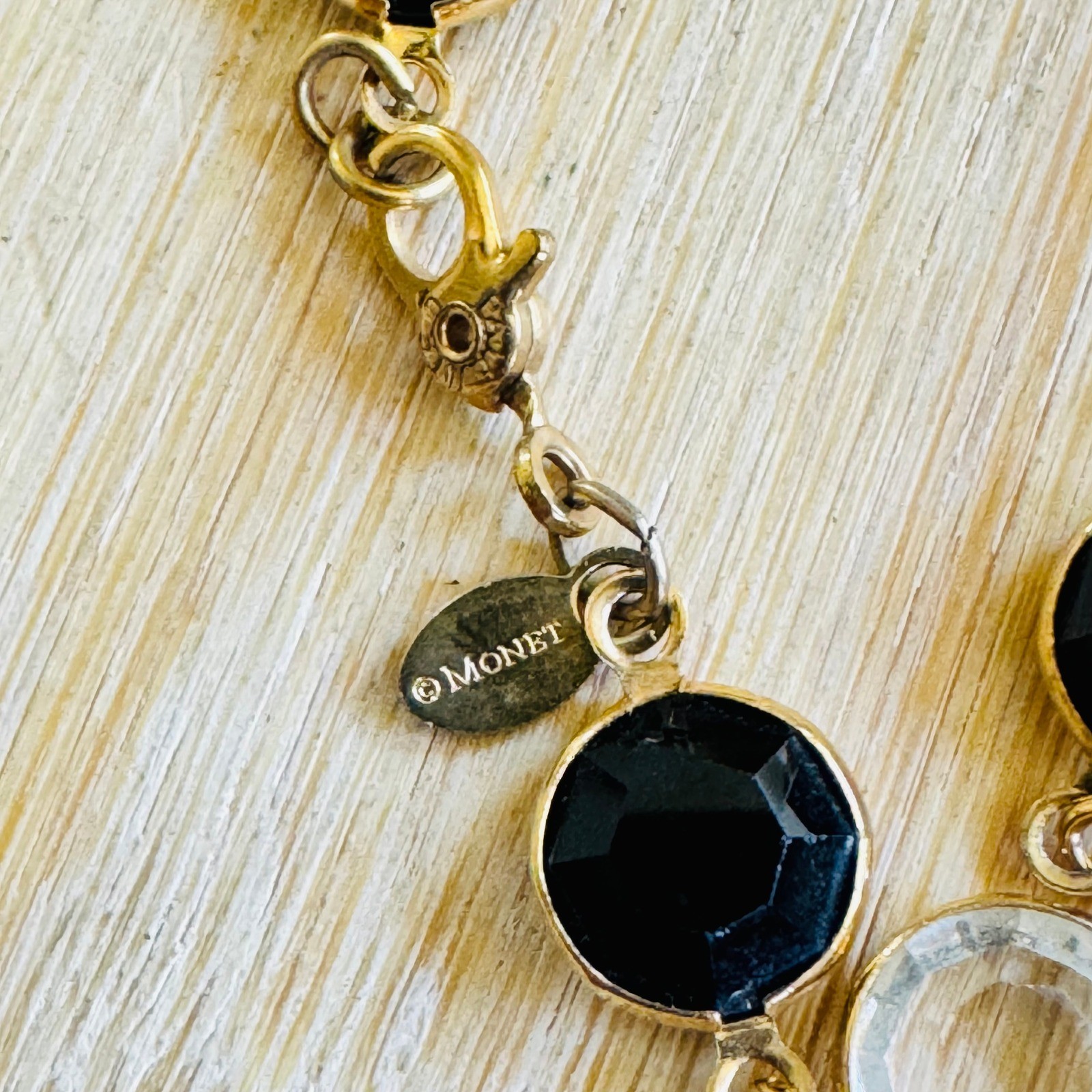 VTG Monet Open Bezel Crystal Necklace Gold Plated Strand Elegant Black Clear 43″