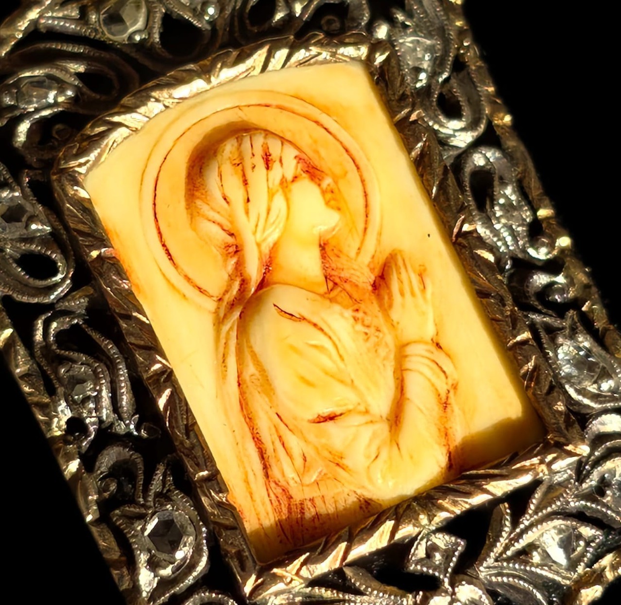 Fine Antique Art Nouveau 18K Gold Silver Diamonds Virgin Mary Pendant Ca 1900