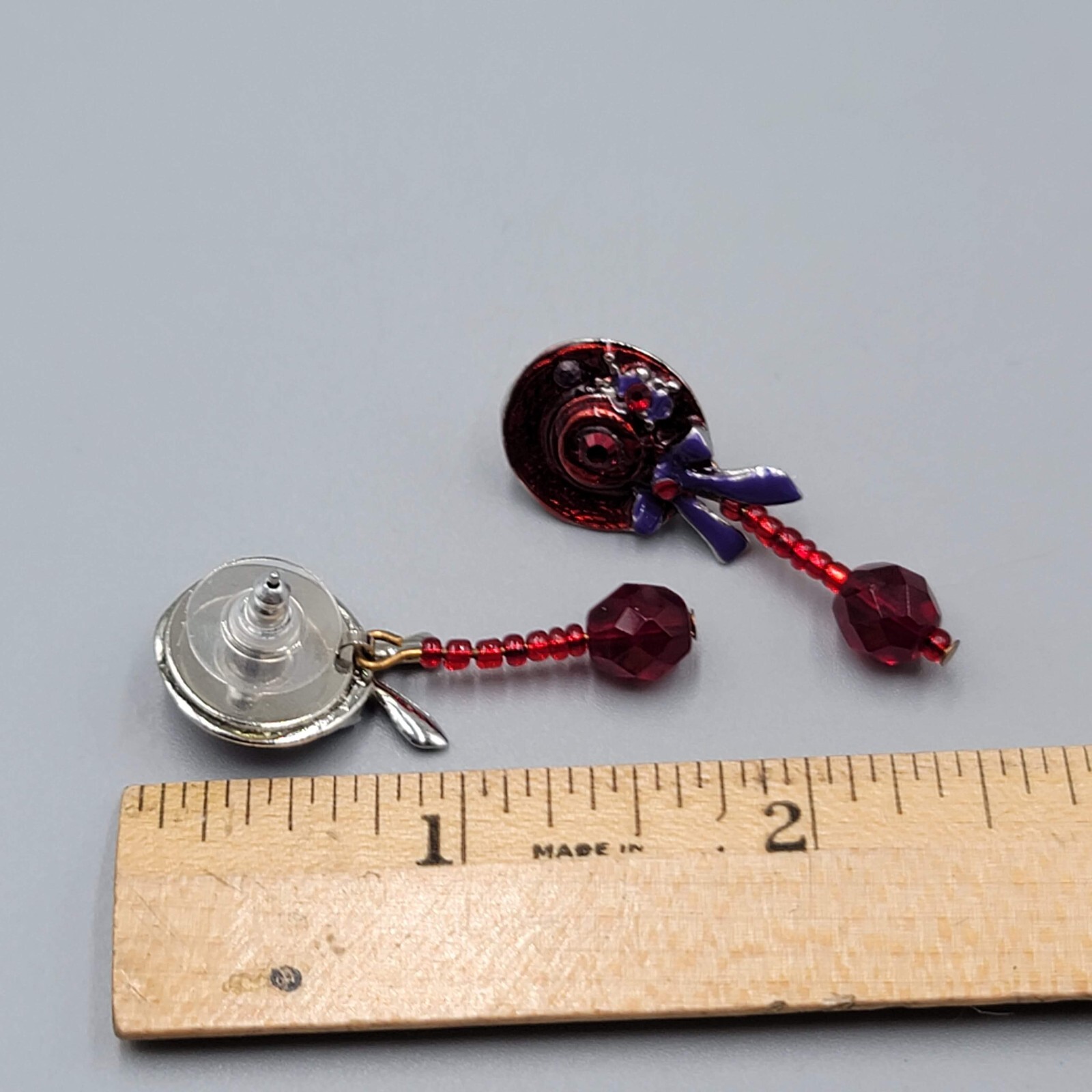 Vintage Red Hat Society Pierced Earrings Enamel Dangle 1.5″