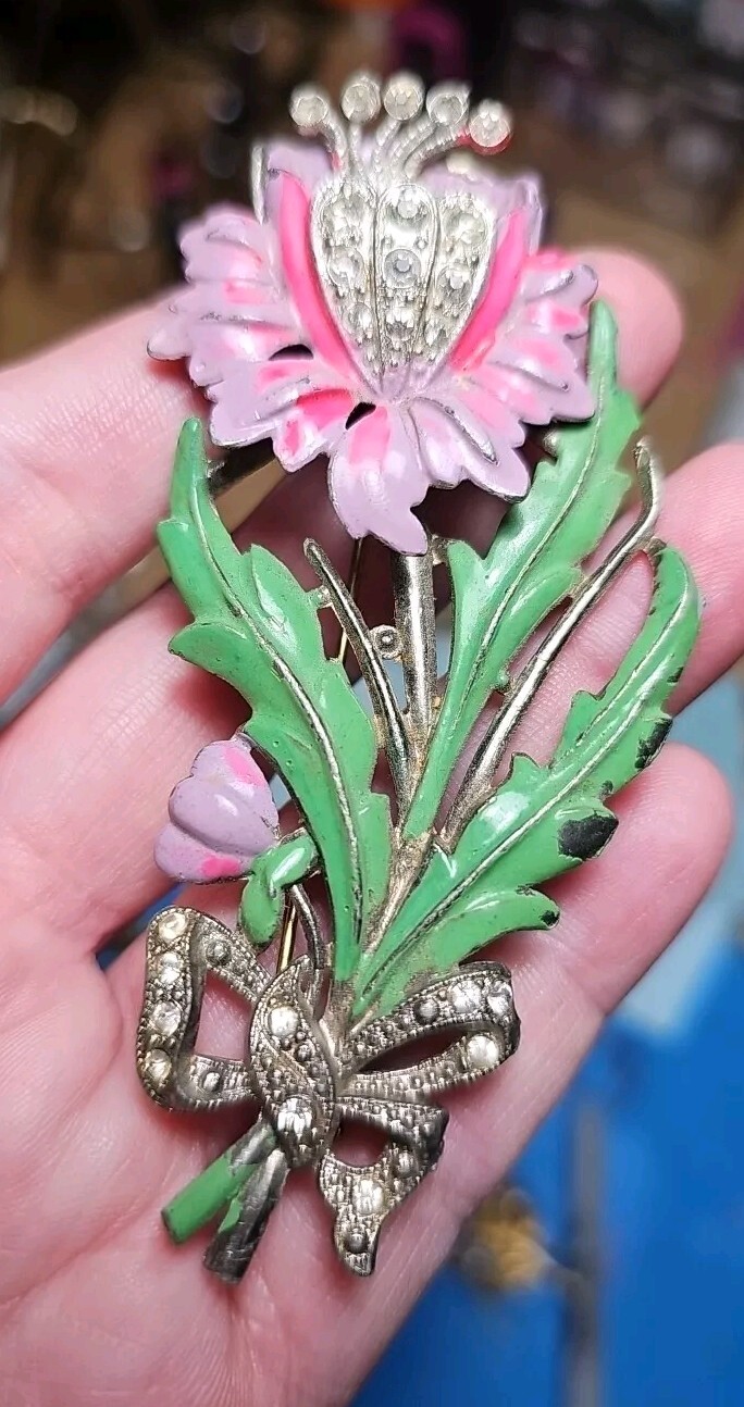 Vintage Floral 1930s Pot Metal Brooch Enamel New England Glassworks
