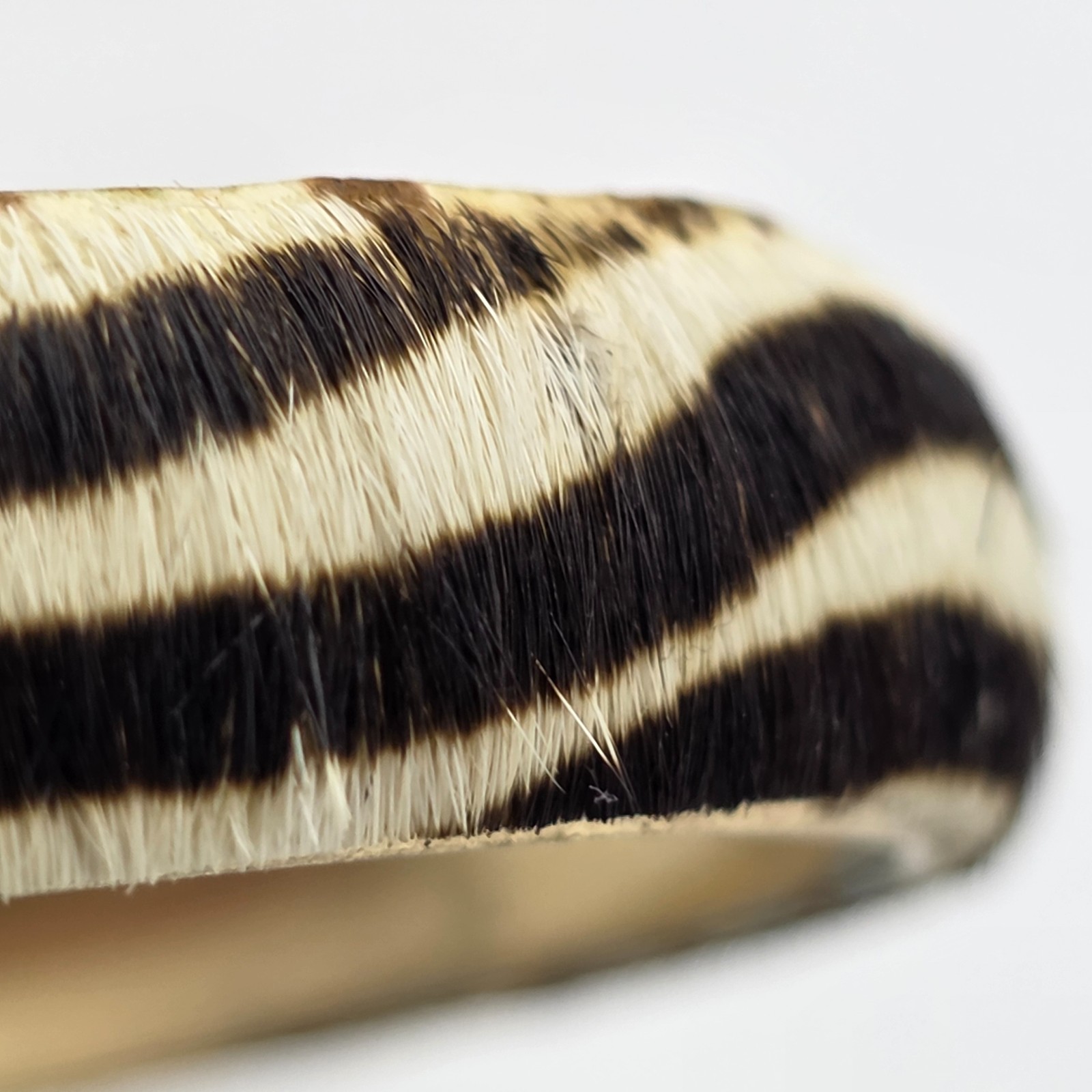 Vtg. Zebra Animal Print Furry Bangle Bracelet Gold Tone Faux Fur Statement 8.25″