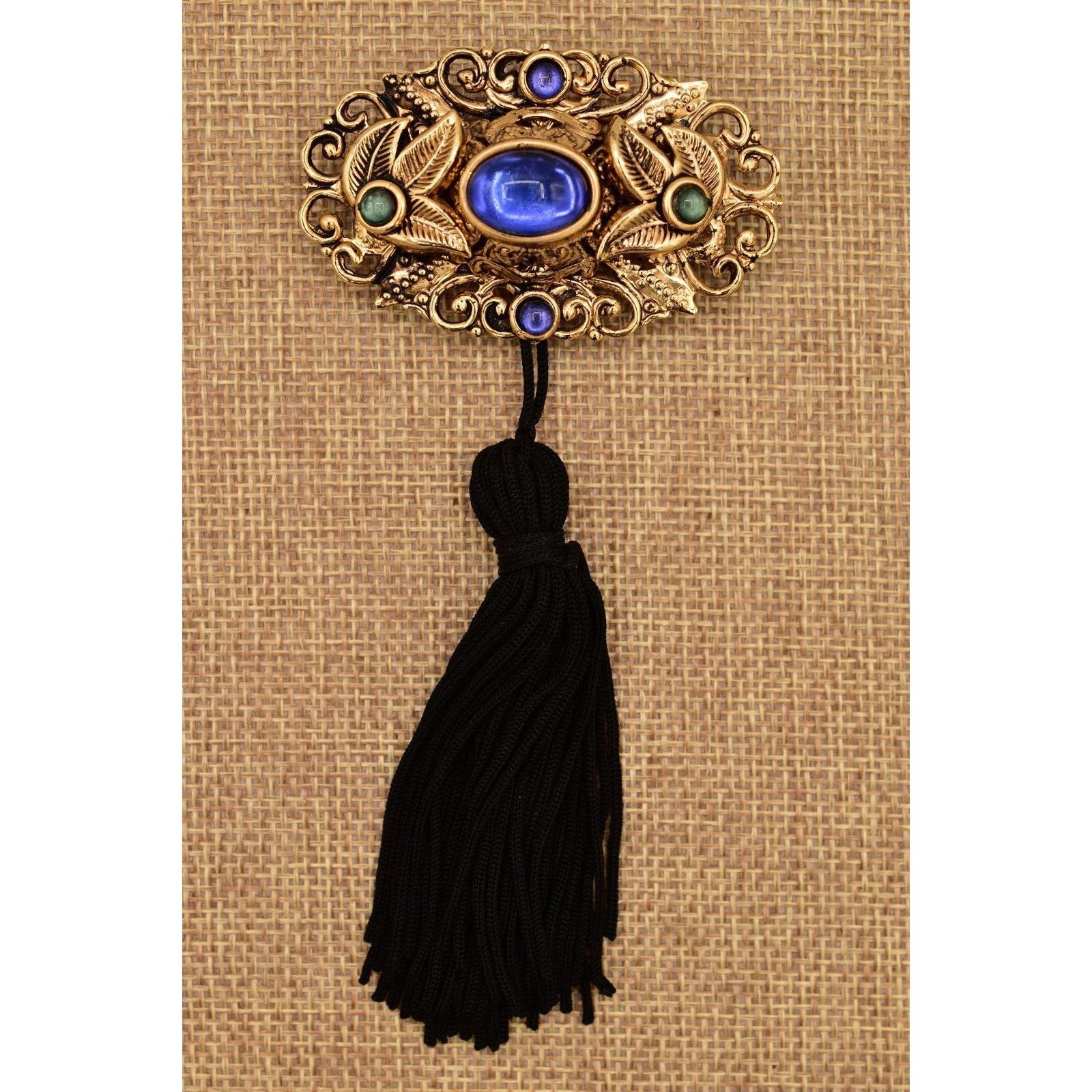 Vintage Cabochon Tassel Pin Brooch Lightweight Antiqued Gold Blue Black BinBG