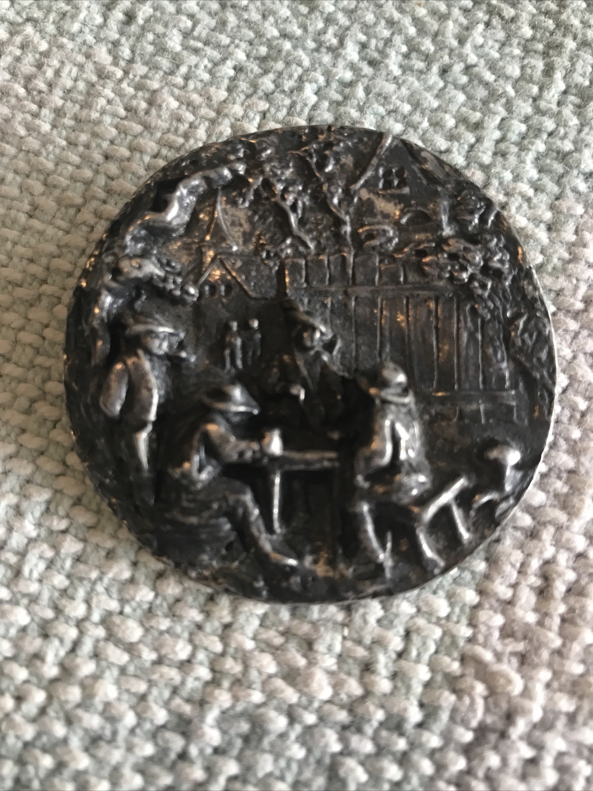Vintage Large Round Metal People Buildings Brooch Hans Jensen