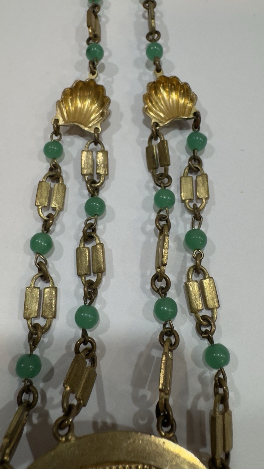 Antique Victorian Revival Green Chrysoprase Glass & Tassel Necklace Czech